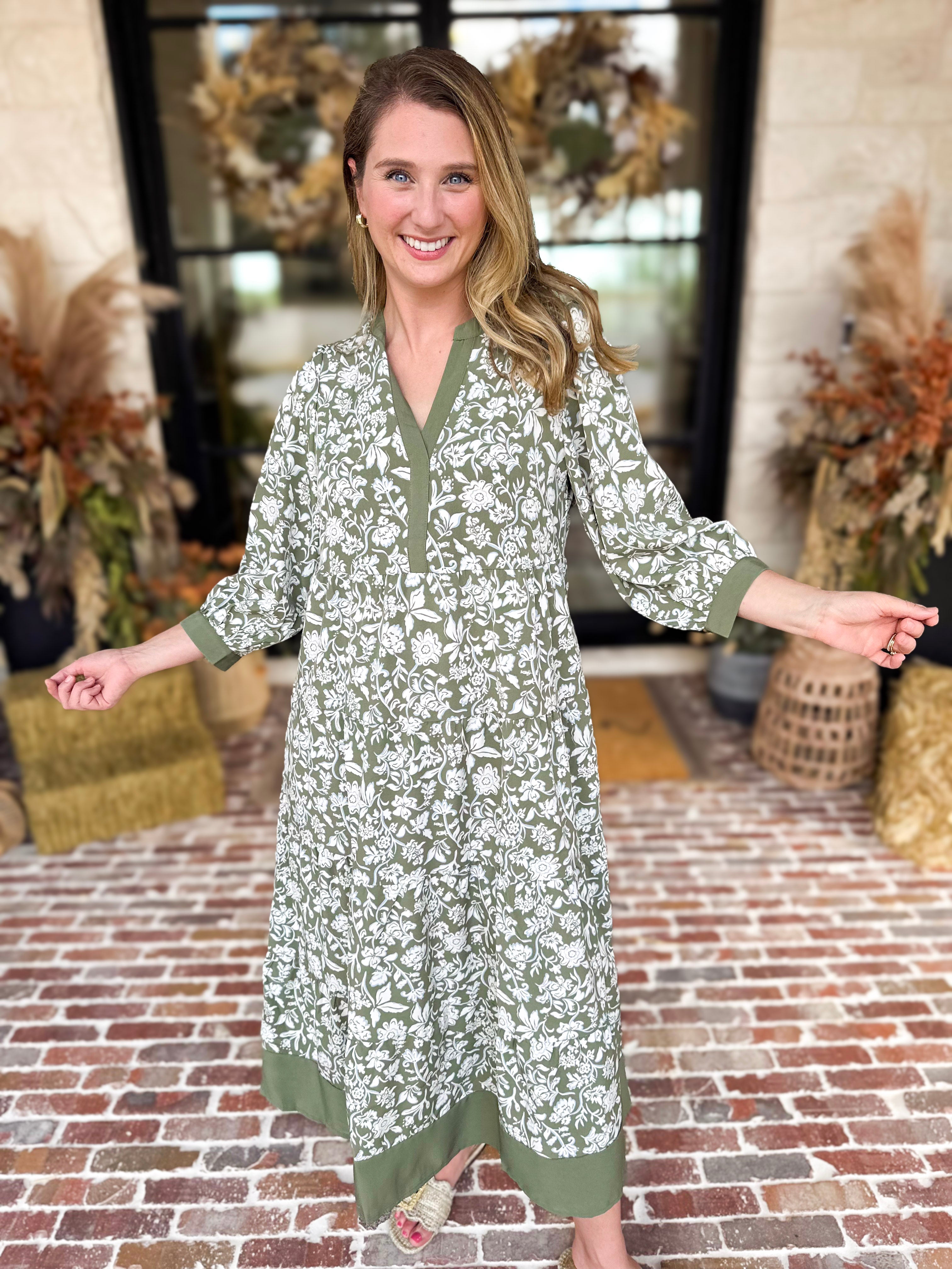 Mary Square - Sage Floral Flowy Midi Dress-500 Midi-MARY SQUARE-July & June Women's Fashion Boutique Located in San Antonio, Texas