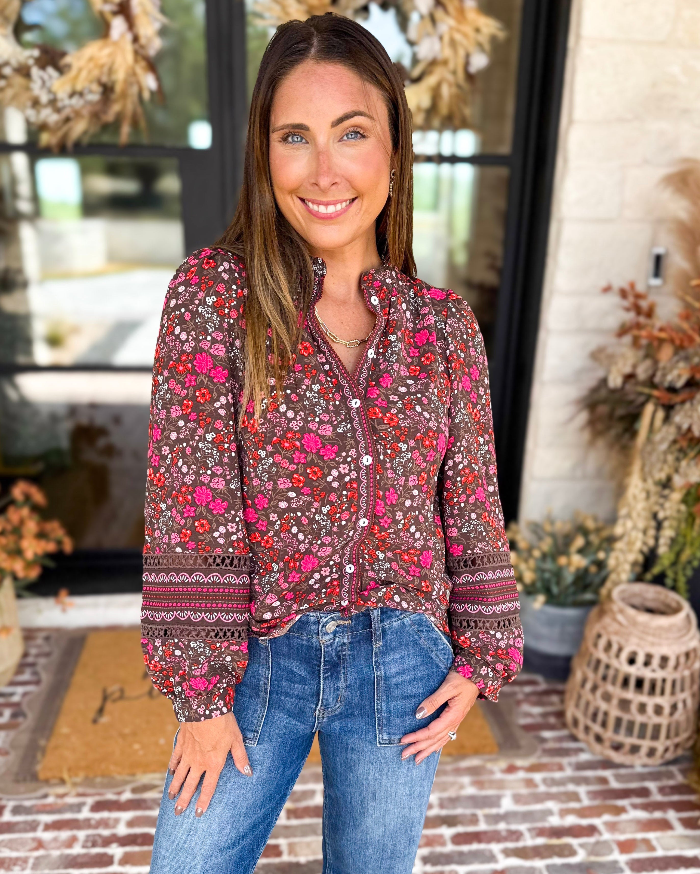 Mary Square - Raspberry Florals Blouse-200 Fashion Blouses-MARY SQUARE-July & June Women's Fashion Boutique Located in San Antonio, Texas