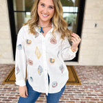 Linen Seashell Embroidered Blouse-200 Fashion Blouses-BLUE B-July & June Women's Fashion Boutique Located in San Antonio, Texas