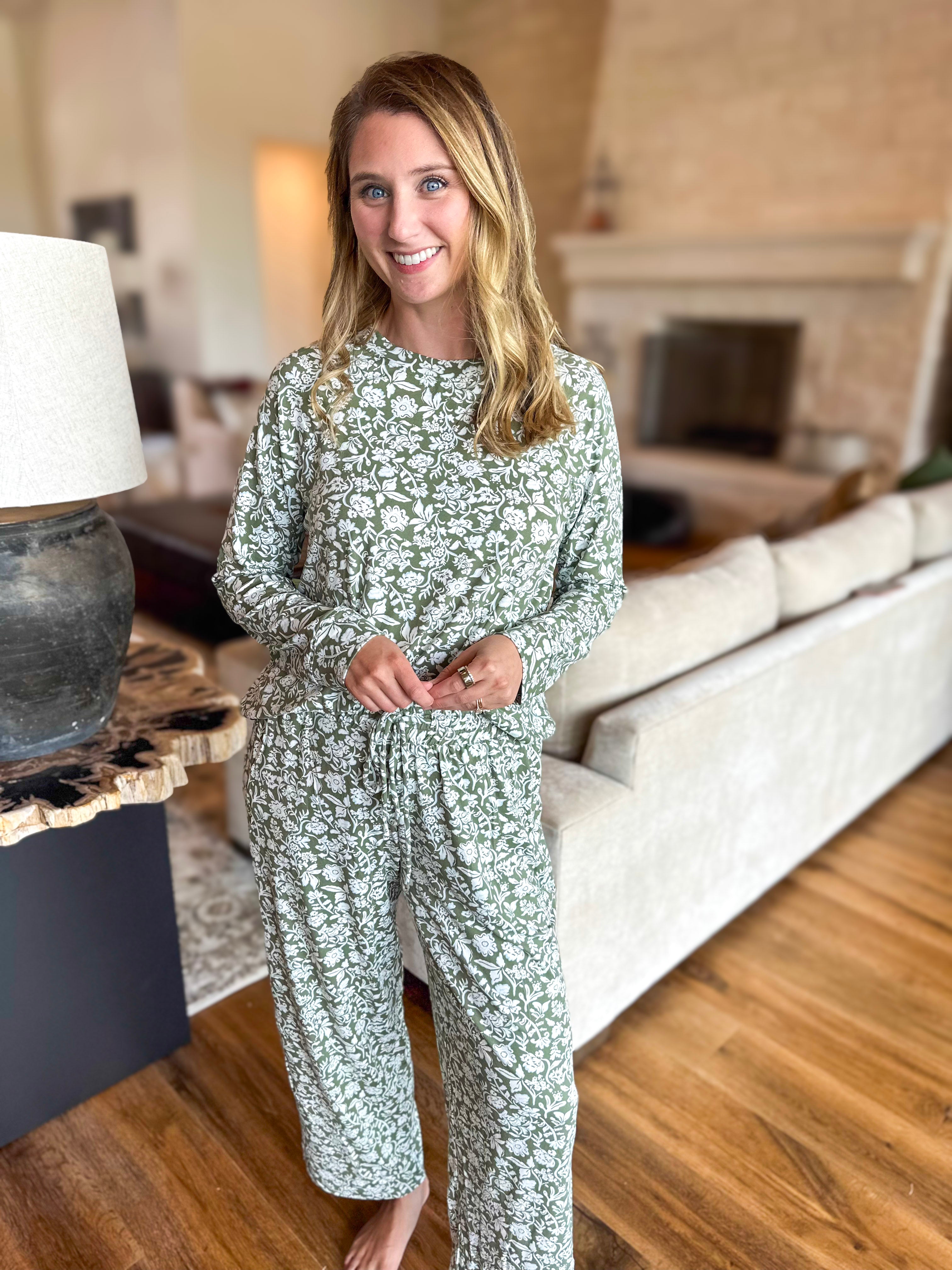 Mary Square - Olive Painted Trillium PJ Pant Set-300 Athleisure/Lounge-MARY SQUARE-July & June Women's Fashion Boutique Located in San Antonio, Texas
