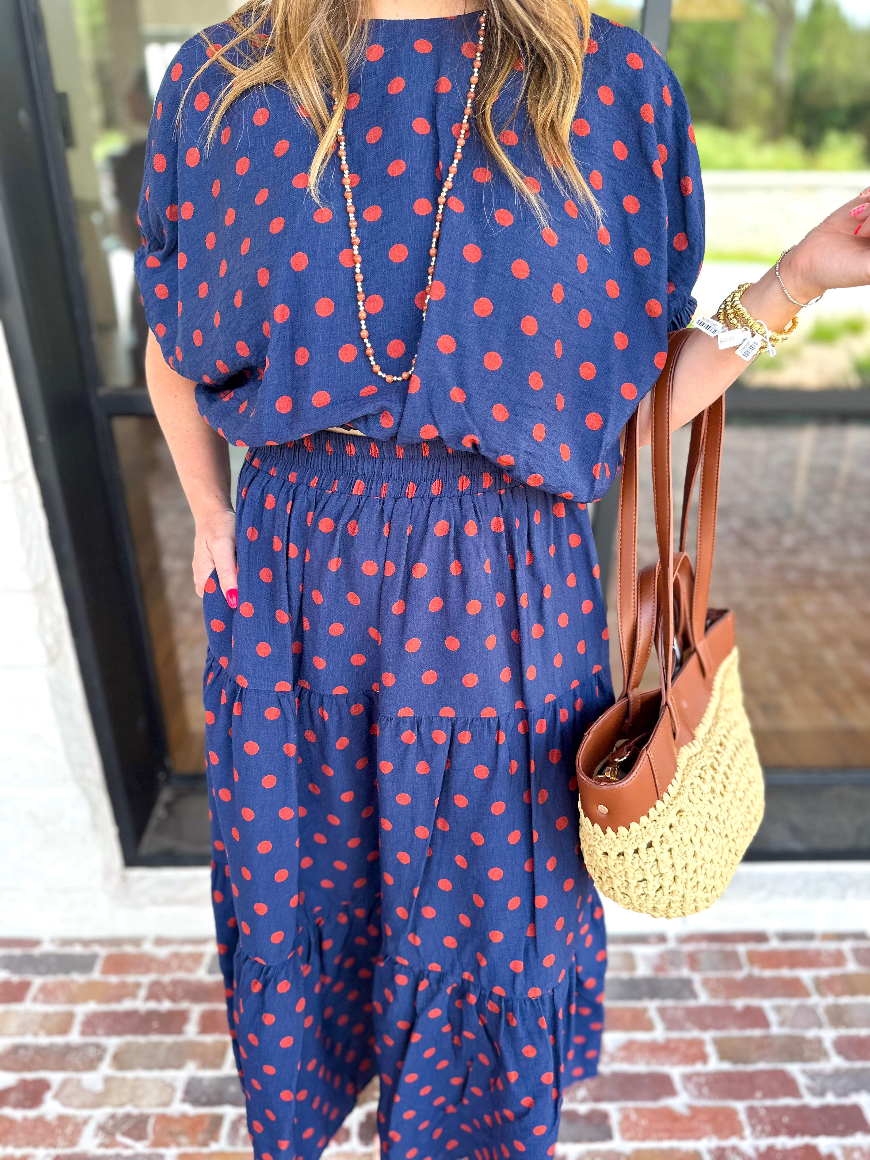 Darling in Dots Set - Navy & Rust-500 Midi-ENTRO-July & June Women's Fashion Boutique Located in San Antonio, Texas
