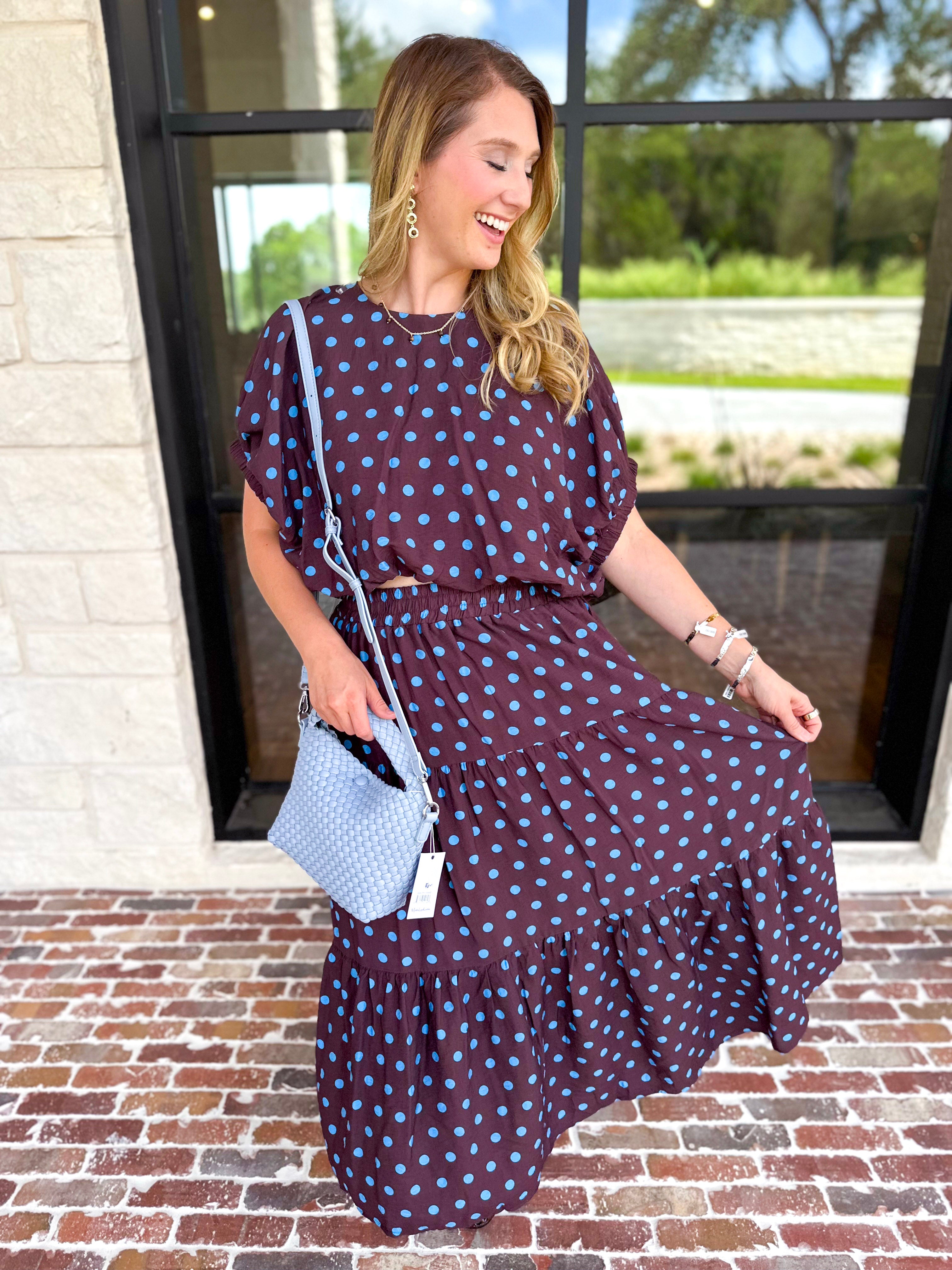 Darling in Dots Set - Brown & Blue-500 Midi-ENTRO-July & June Women's Fashion Boutique Located in San Antonio, Texas