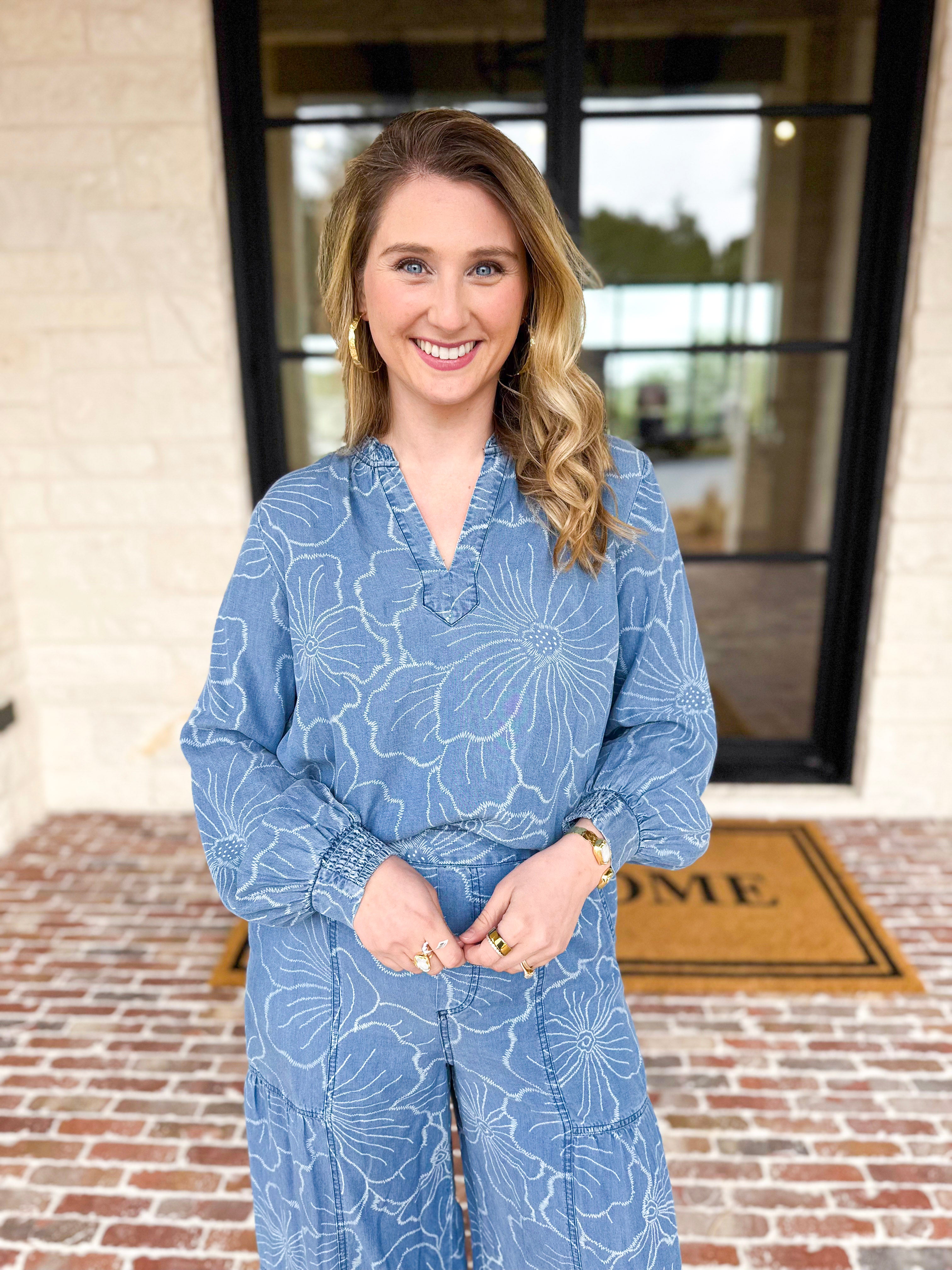 Current Air - Floral Chambray Blouse-200 Fashion Blouses-CURRENT AIR CLOTHING-July & June Women's Fashion Boutique Located in San Antonio, Texas