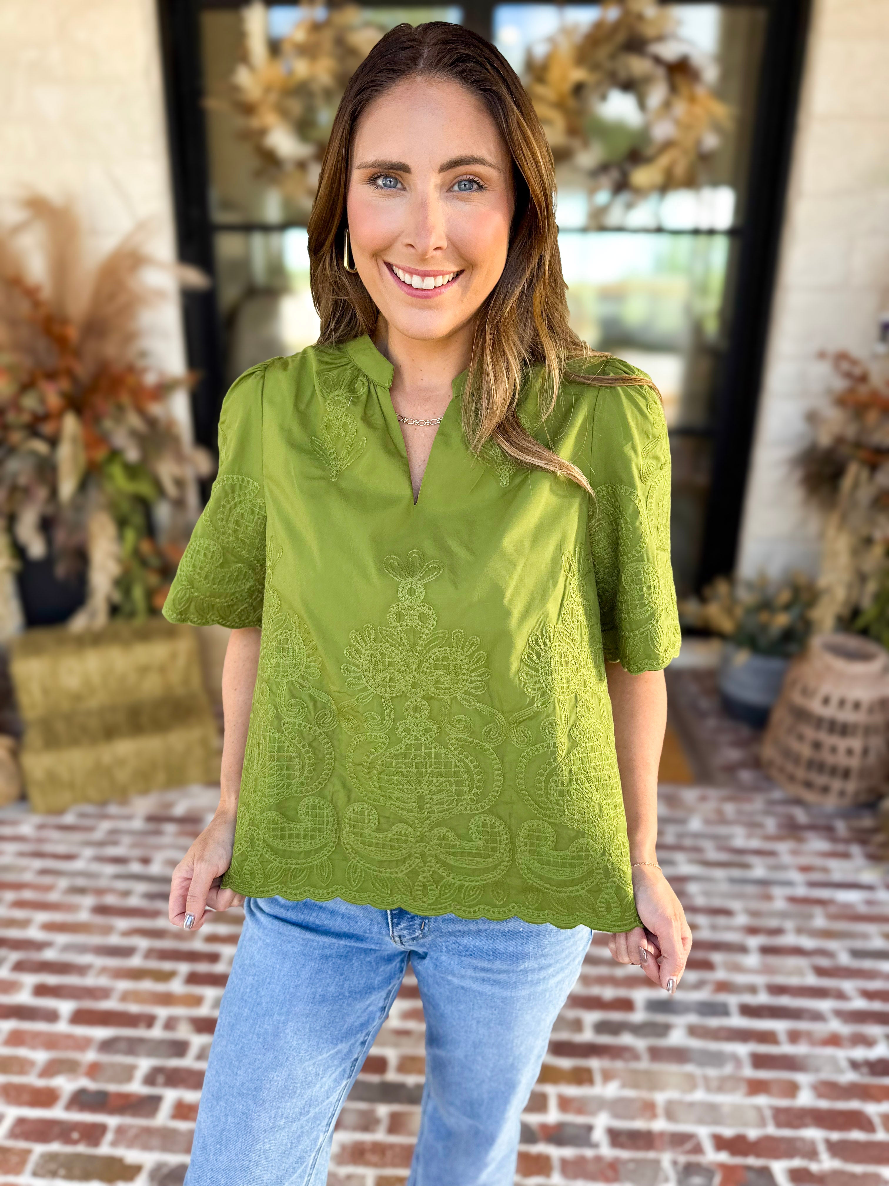 The Brunch Blouse - Avocado-200 Fashion Blouses-ENTRO-July & June Women's Fashion Boutique Located in San Antonio, Texas
