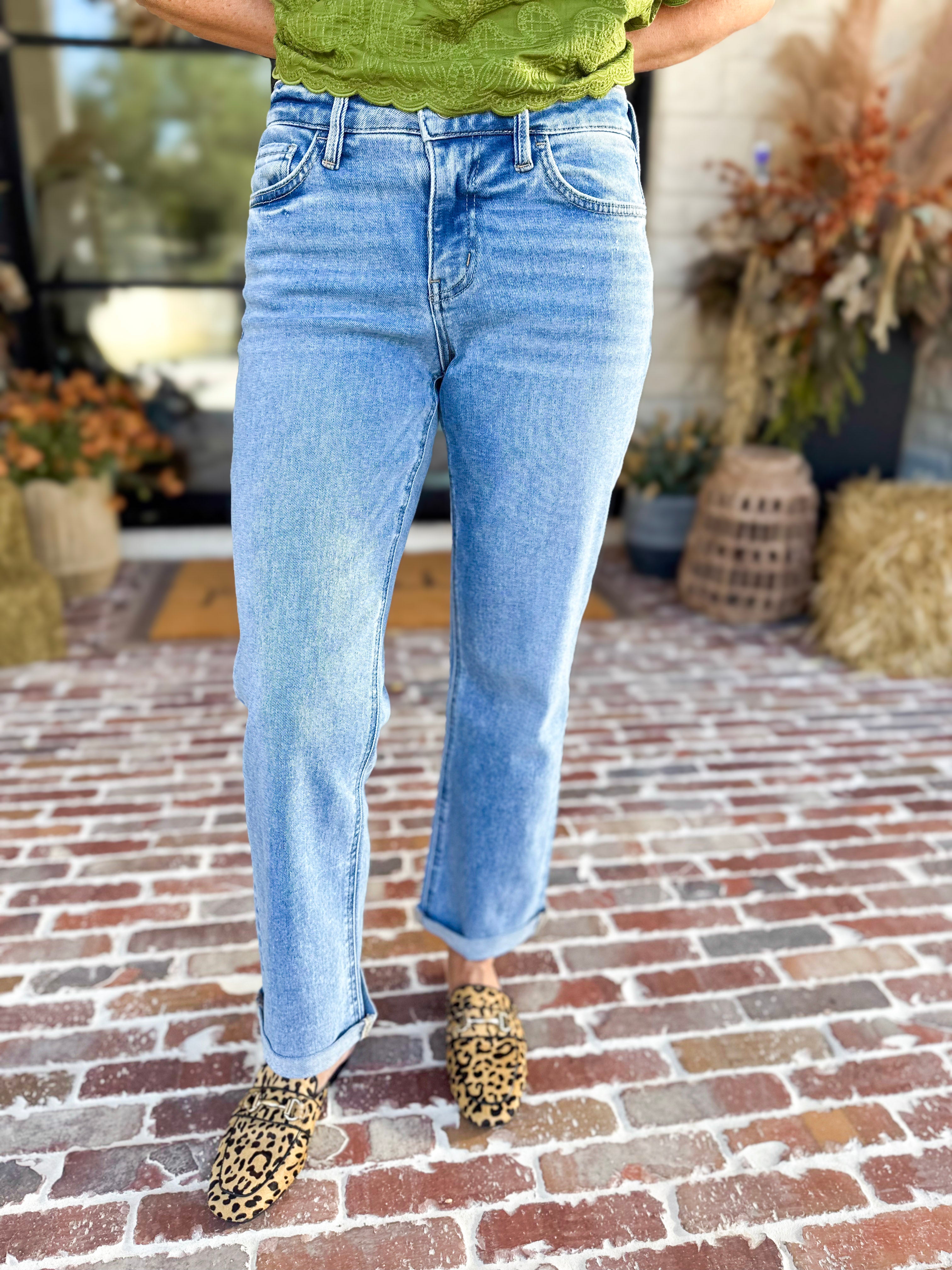 Vervet - Mid Rise Small Cuff Straight Leg Jeans-420 Denim-VEVERT BY FLYING MONKEY-July & June Women's Fashion Boutique Located in San Antonio, Texas