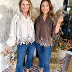 Maya Floral Stitch Blouse - Mocha-200 Fashion Blouses-ENTRO-July & June Women's Fashion Boutique Located in San Antonio, Texas