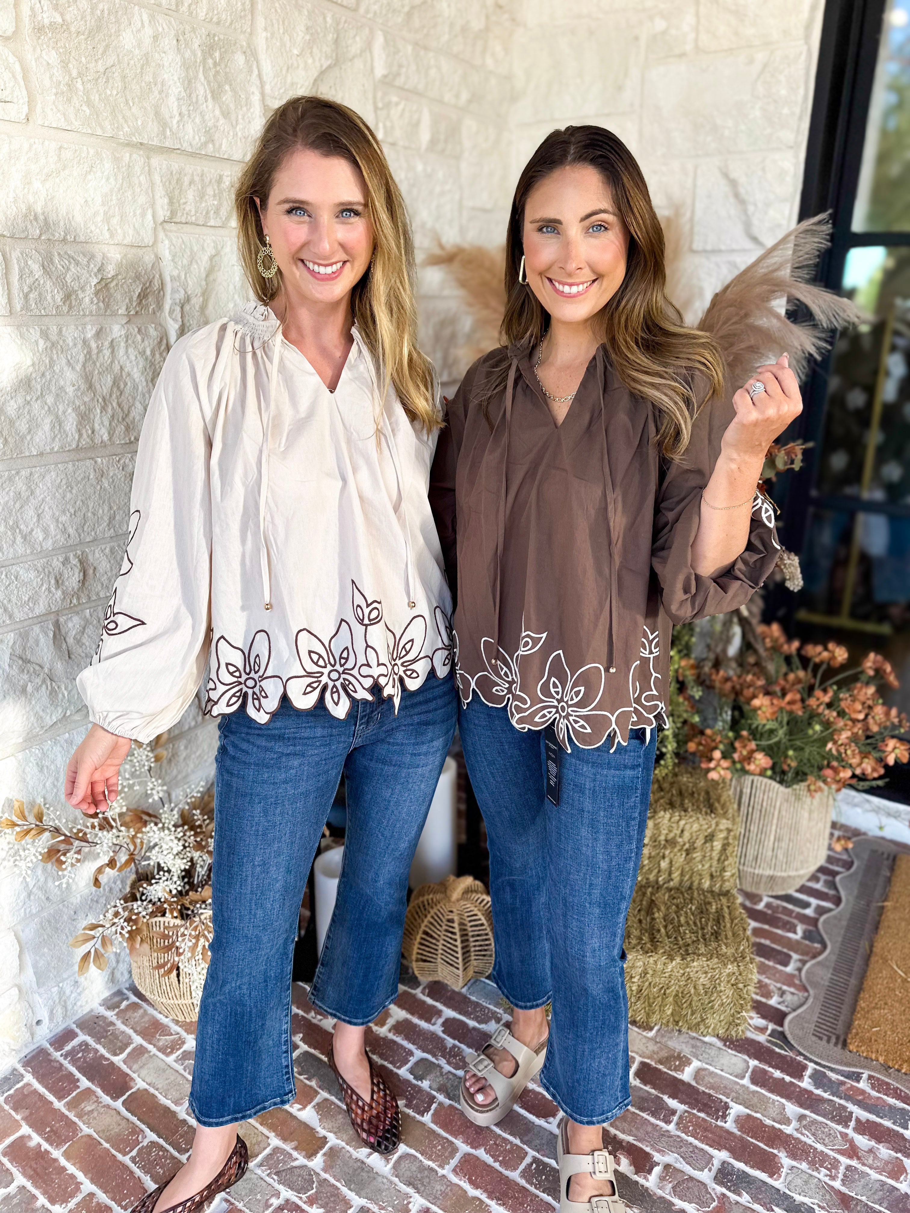 Maya Floral Stitch Blouse - Mocha-200 Fashion Blouses-ENTRO-July & June Women's Fashion Boutique Located in San Antonio, Texas