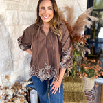 Maya Floral Stitch Blouse - Mocha-200 Fashion Blouses-ENTRO-July & June Women's Fashion Boutique Located in San Antonio, Texas