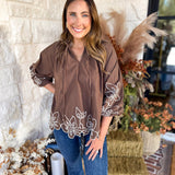 Maya Floral Stitch Blouse - Mocha-200 Fashion Blouses-ENTRO-July & June Women's Fashion Boutique Located in San Antonio, Texas