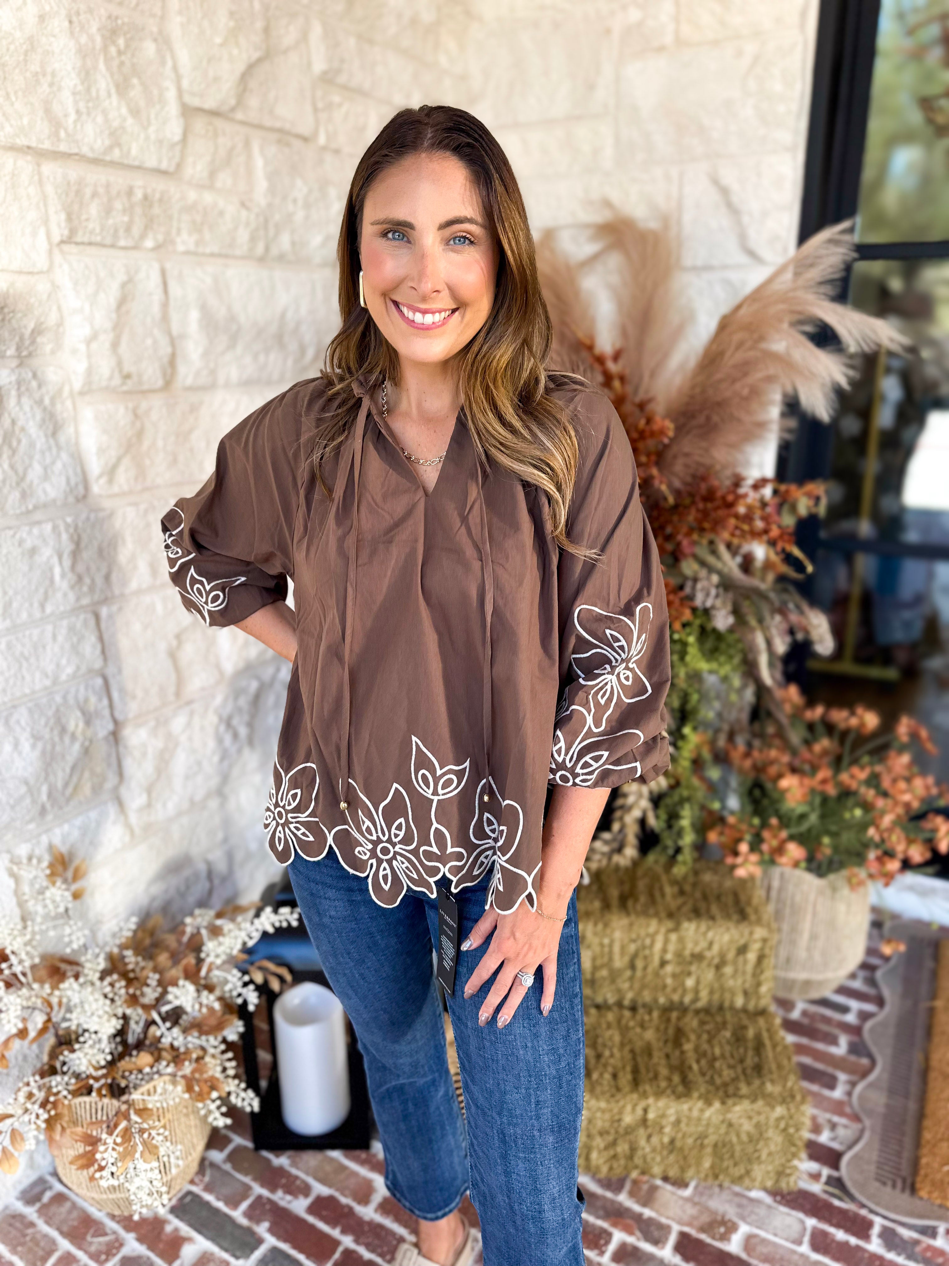 Maya Floral Stitch Blouse - Mocha-200 Fashion Blouses-ENTRO-July & June Women's Fashion Boutique Located in San Antonio, Texas