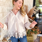 Maya Floral Stitch Blouse - Ivory-200 Fashion Blouses-ENTRO-July & June Women's Fashion Boutique Located in San Antonio, Texas