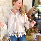 Maya Floral Stitch Blouse - Ivory-200 Fashion Blouses-ENTRO-July & June Women's Fashion Boutique Located in San Antonio, Texas