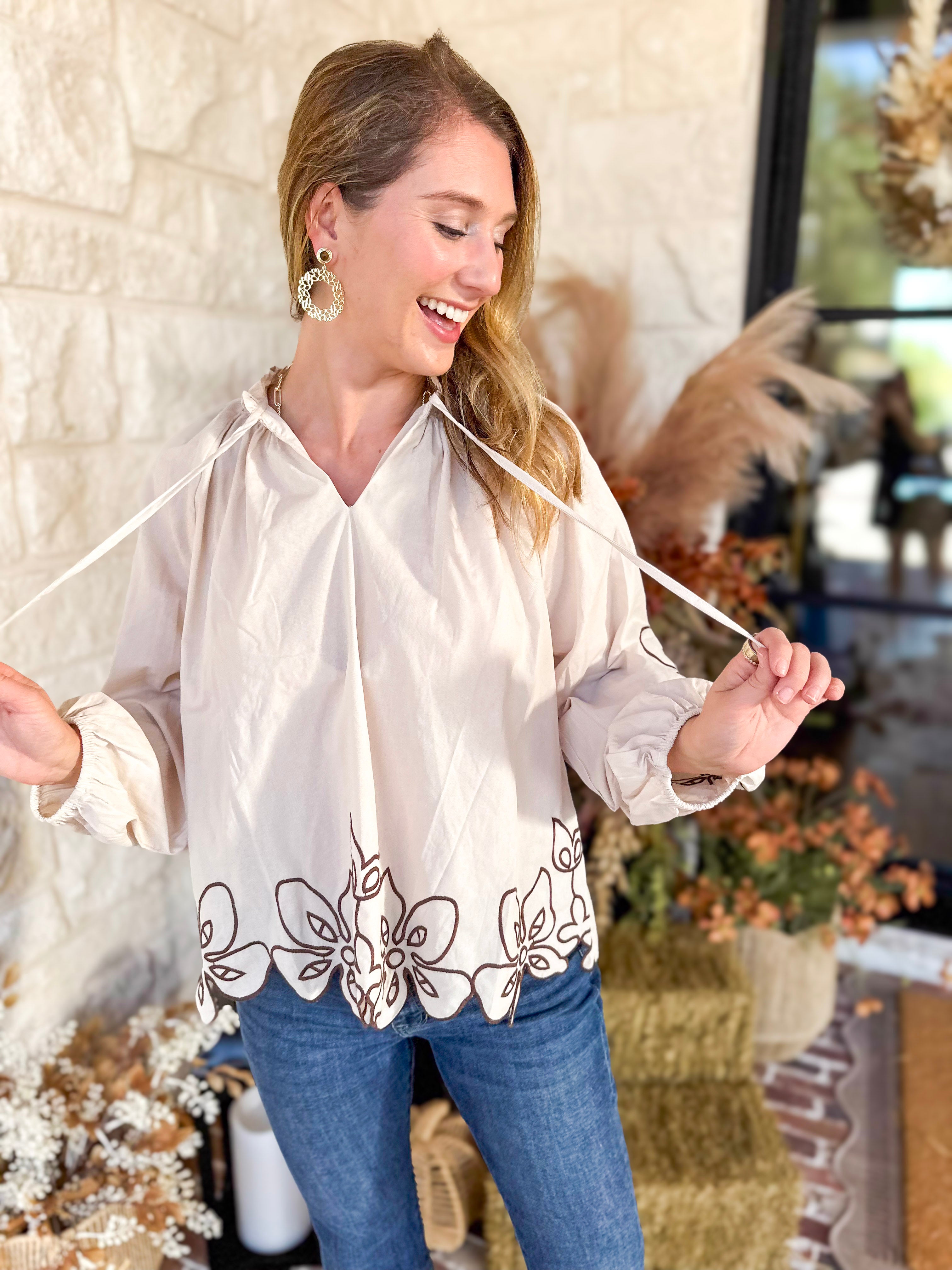 Maya Floral Stitch Blouse - Ivory-200 Fashion Blouses-ENTRO-July & June Women's Fashion Boutique Located in San Antonio, Texas