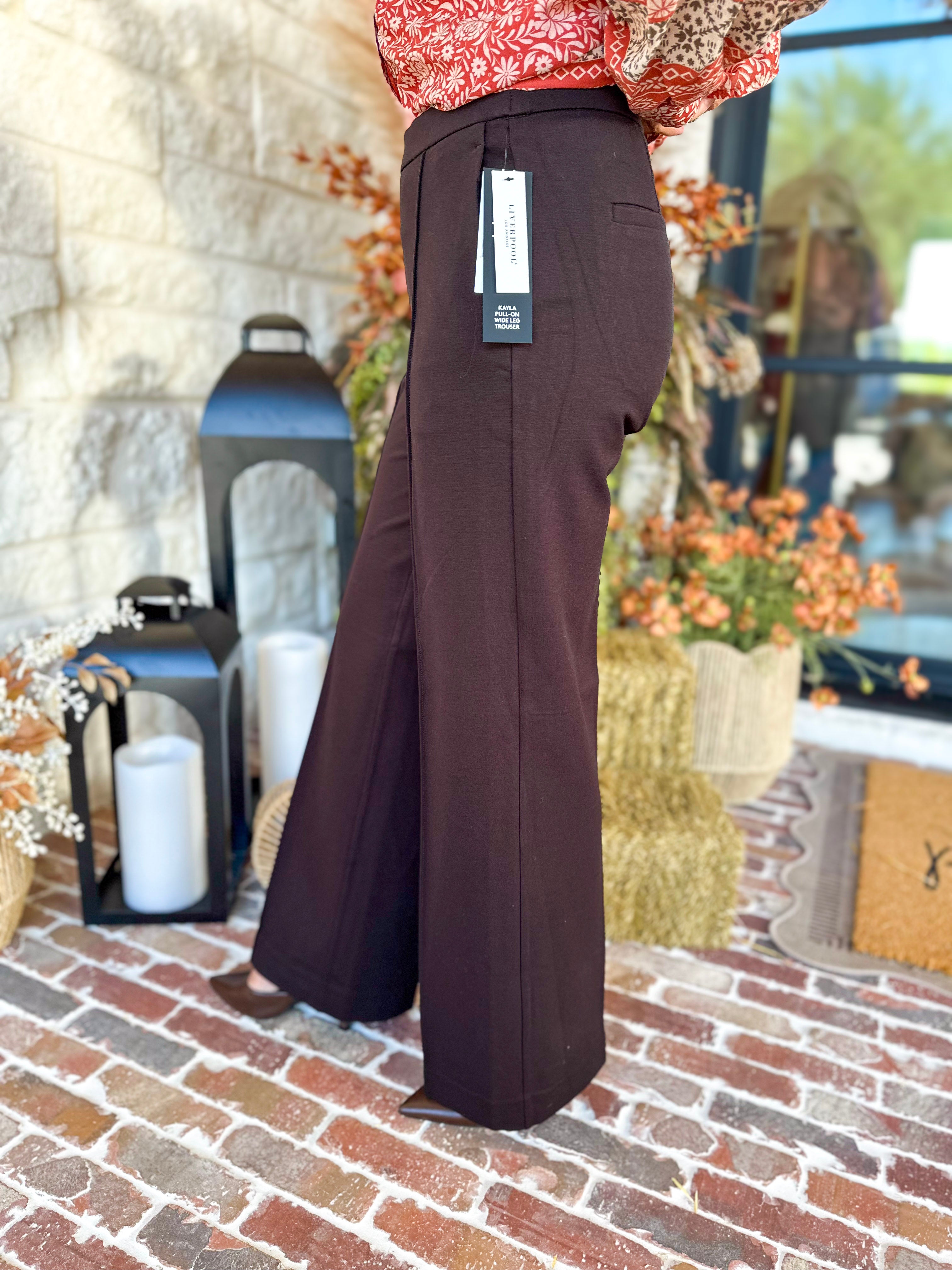 Liverpool - Kayla Wide Leg Trousers - Dark Brown-400 Pants-LIVERPOOL JEANS COMPANY-July & June Women's Fashion Boutique Located in San Antonio, Texas