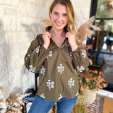 Mary Square - Olive Embroidered Flora Blouse-200 Fashion Blouses-MARY SQUARE-July & June Women's Fashion Boutique Located in San Antonio, Texas