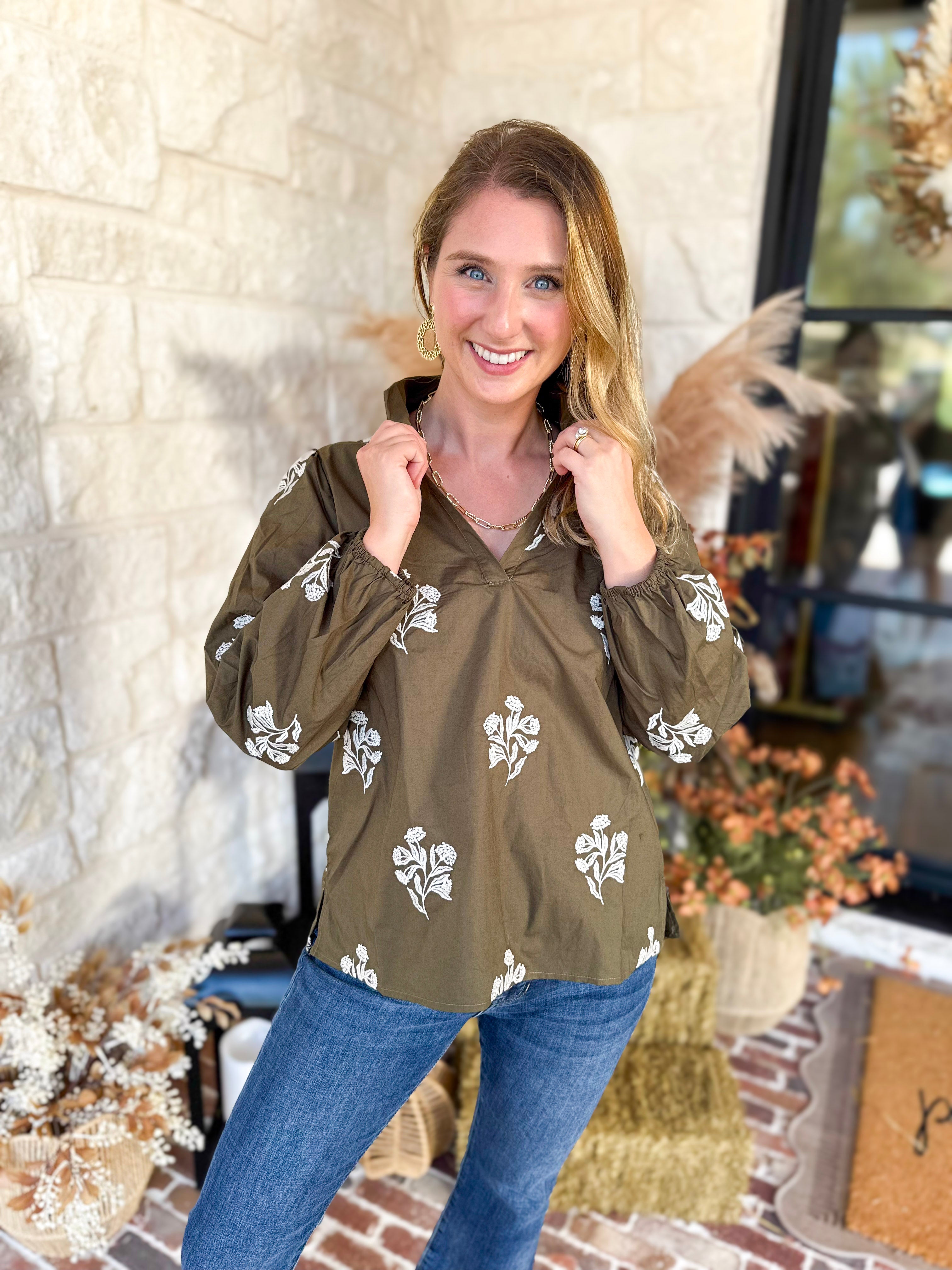 Mary Square - Olive Embroidered Flora Blouse-200 Fashion Blouses-MARY SQUARE-July & June Women's Fashion Boutique Located in San Antonio, Texas