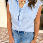 Current Air - The Linen Cap Sleeve Top - Pale Blue-200 Fashion Blouses-CURRENT AIR CLOTHING-July & June Women's Fashion Boutique Located in San Antonio, Texas