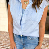 Current Air - The Linen Cap Sleeve Top - Pale Blue-200 Fashion Blouses-CURRENT AIR CLOTHING-July & June Women's Fashion Boutique Located in San Antonio, Texas