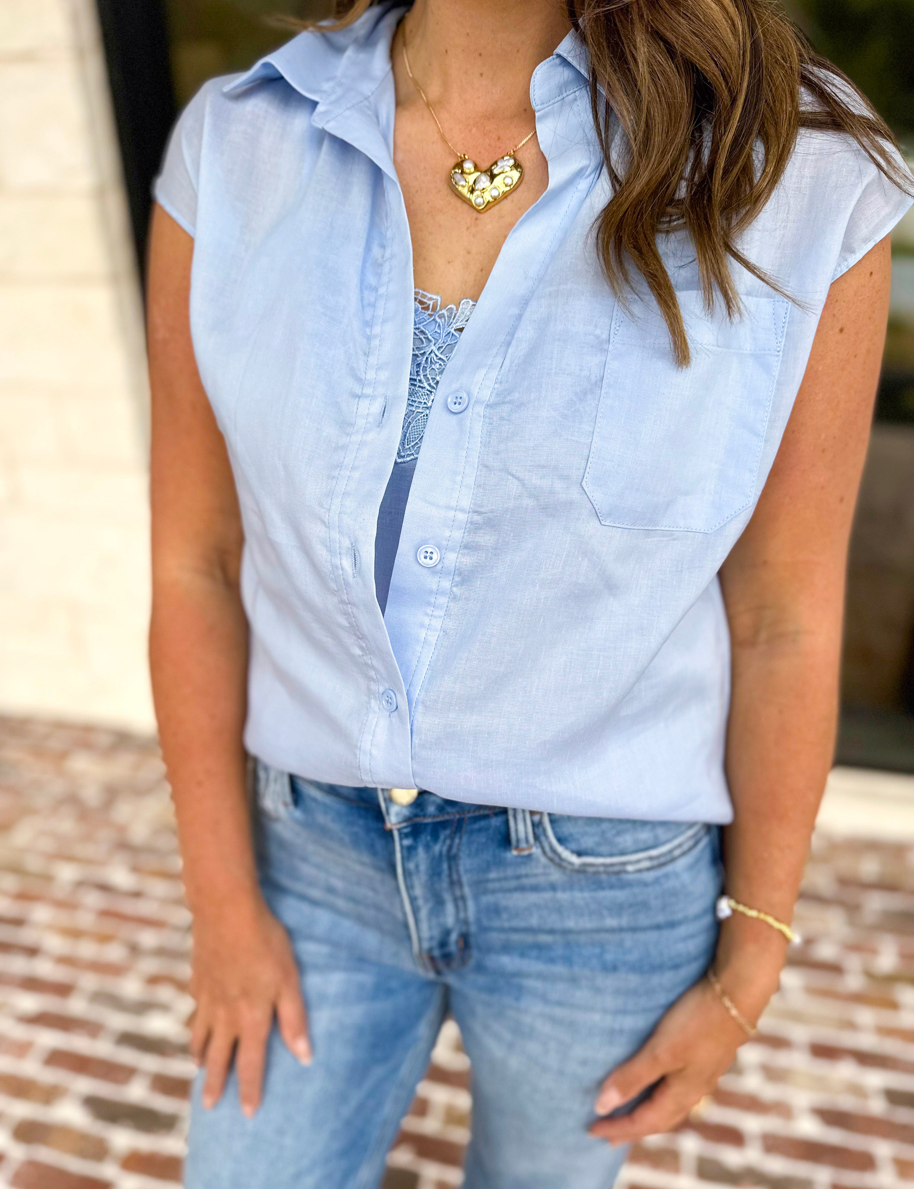 Current Air - The Linen Cap Sleeve Top - Pale Blue-200 Fashion Blouses-CURRENT AIR CLOTHING-July & June Women's Fashion Boutique Located in San Antonio, Texas