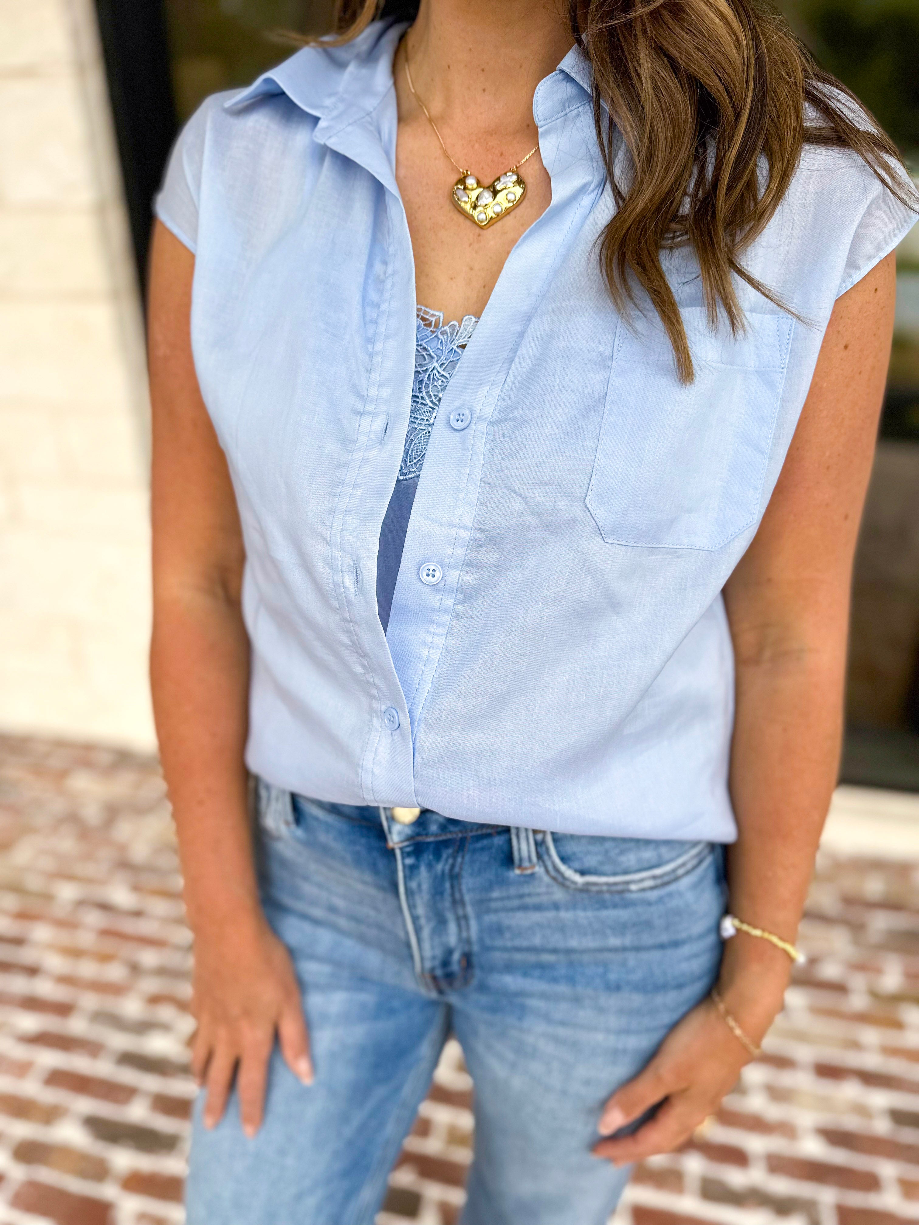Current Air - The Linen Cap Sleeve Top - Pale Blue-200 Fashion Blouses-CURRENT AIR CLOTHING-July & June Women's Fashion Boutique Located in San Antonio, Texas
