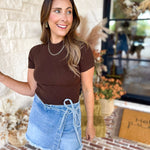 Mock Neck Soft Fitted Sweater Top - Dark Brown-230 Sweaters/Cardis-SKIES ARE BLUE-July & June Women's Fashion Boutique Located in San Antonio, Texas