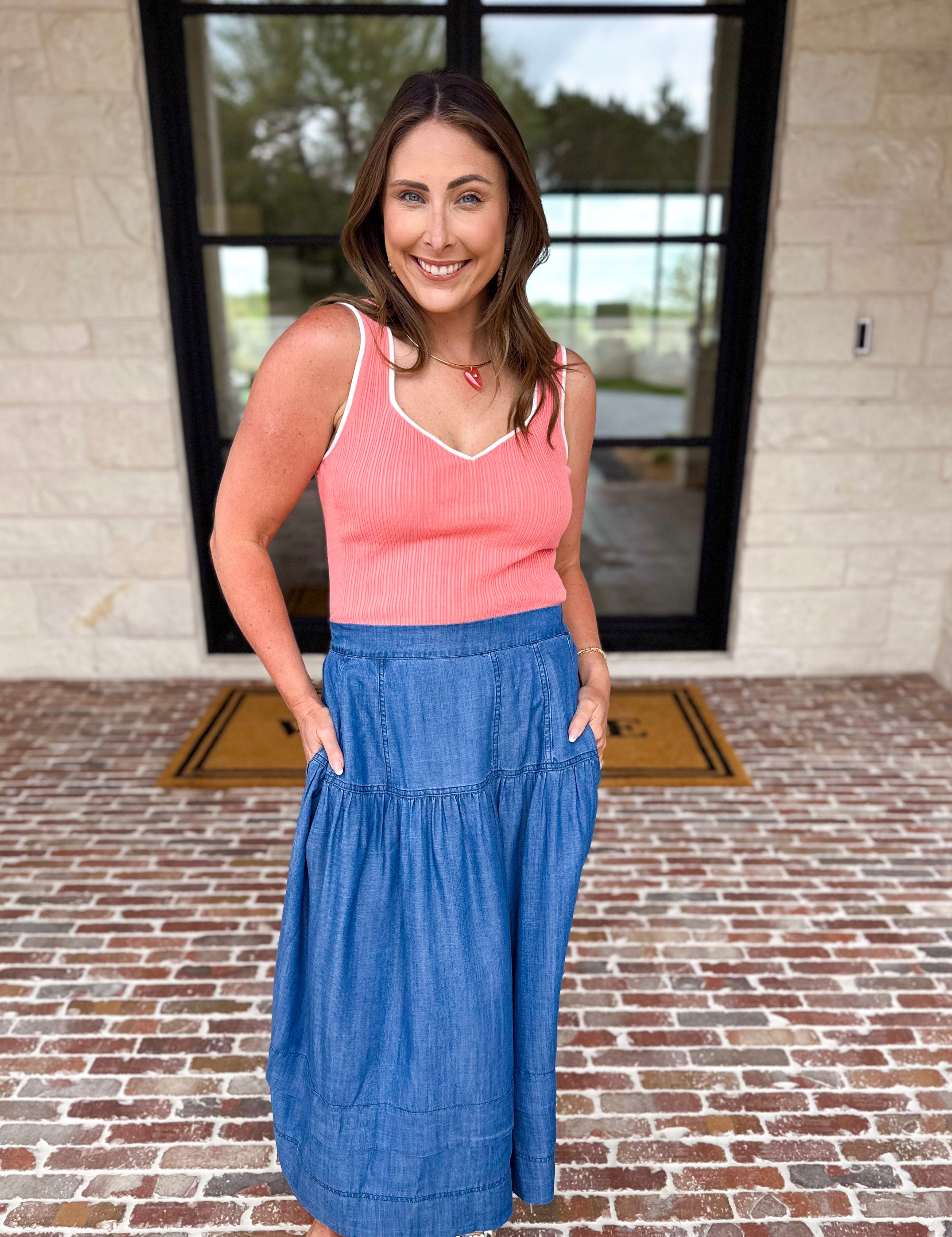 Sweetheart Knit Tank - Coral-200 Fashion Blouses-SKIES ARE BLUE-July & June Women's Fashion Boutique Located in San Antonio, Texas