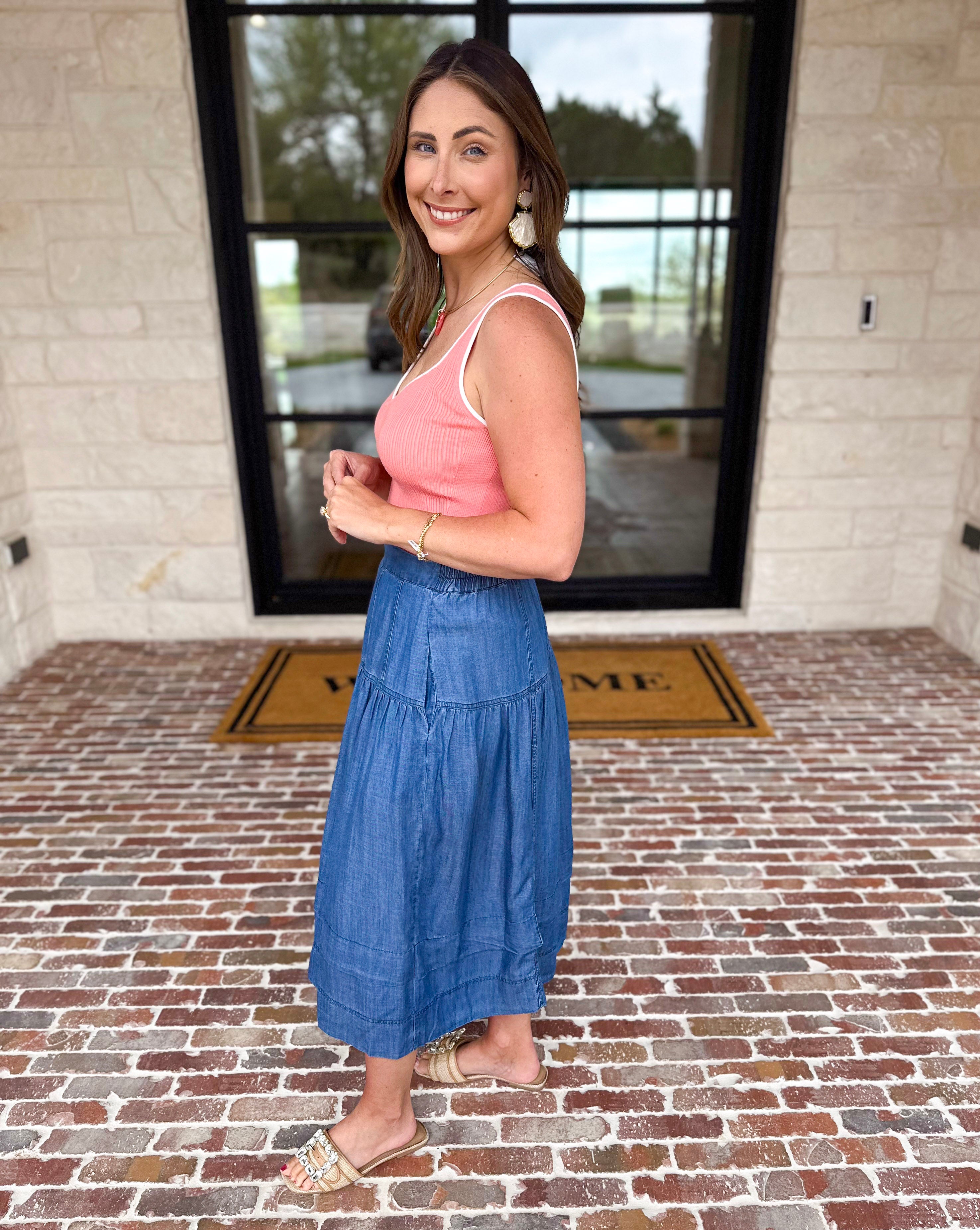 Current Air - Chambray Midi Skirt-410 Shorts/Skirts-CURRENT AIR CLOTHING-July & June Women's Fashion Boutique Located in San Antonio, Texas