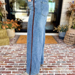Denim & Suede Trim Drawstring Pants-400 Pants-SKIES ARE BLUE-July & June Women's Fashion Boutique Located in San Antonio, Texas