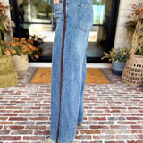 Denim & Suede Trim Drawstring Pants-400 Pants-SKIES ARE BLUE-July & June Women's Fashion Boutique Located in San Antonio, Texas