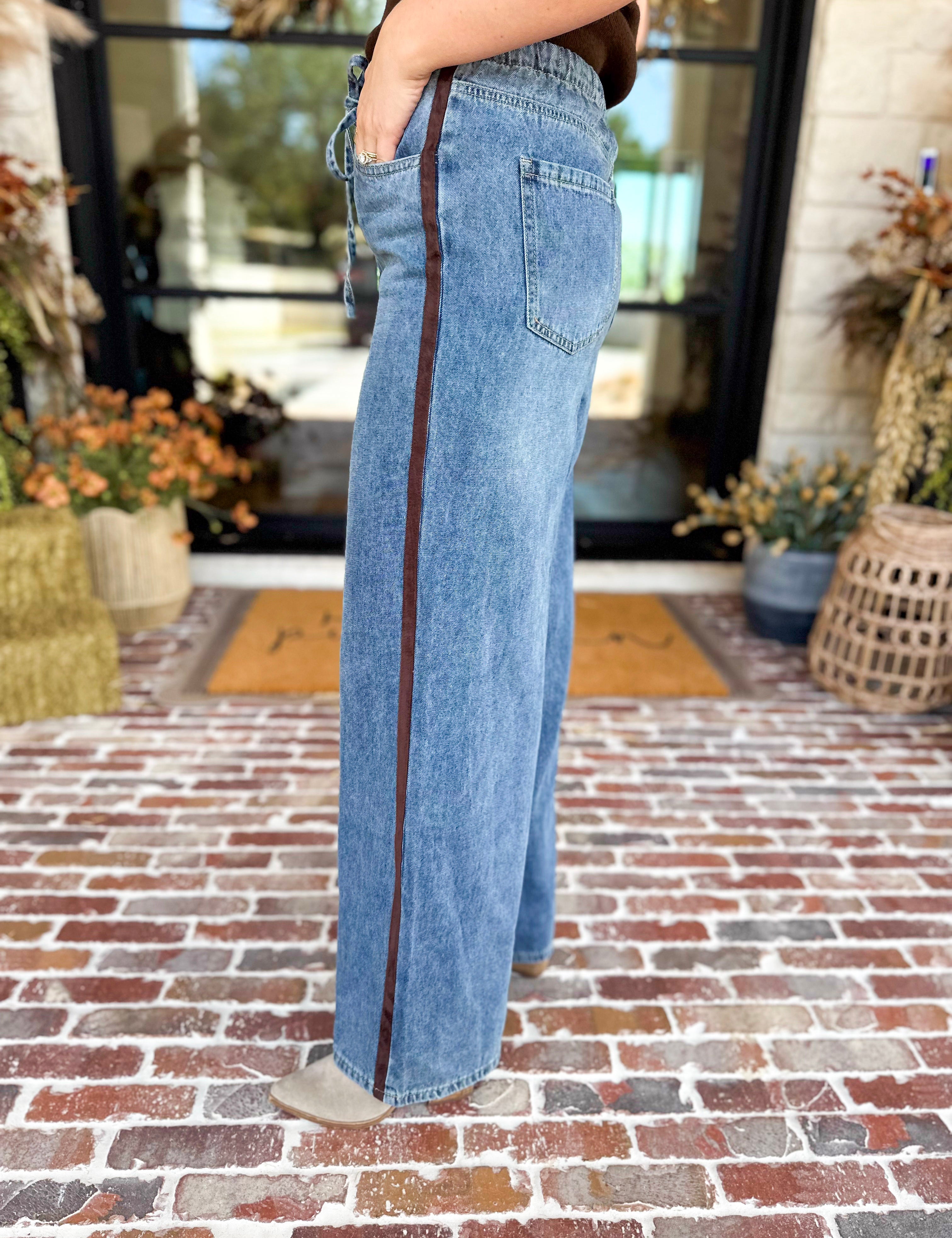 Denim & Suede Trim Drawstring Pants-400 Pants-SKIES ARE BLUE-July & June Women's Fashion Boutique Located in San Antonio, Texas