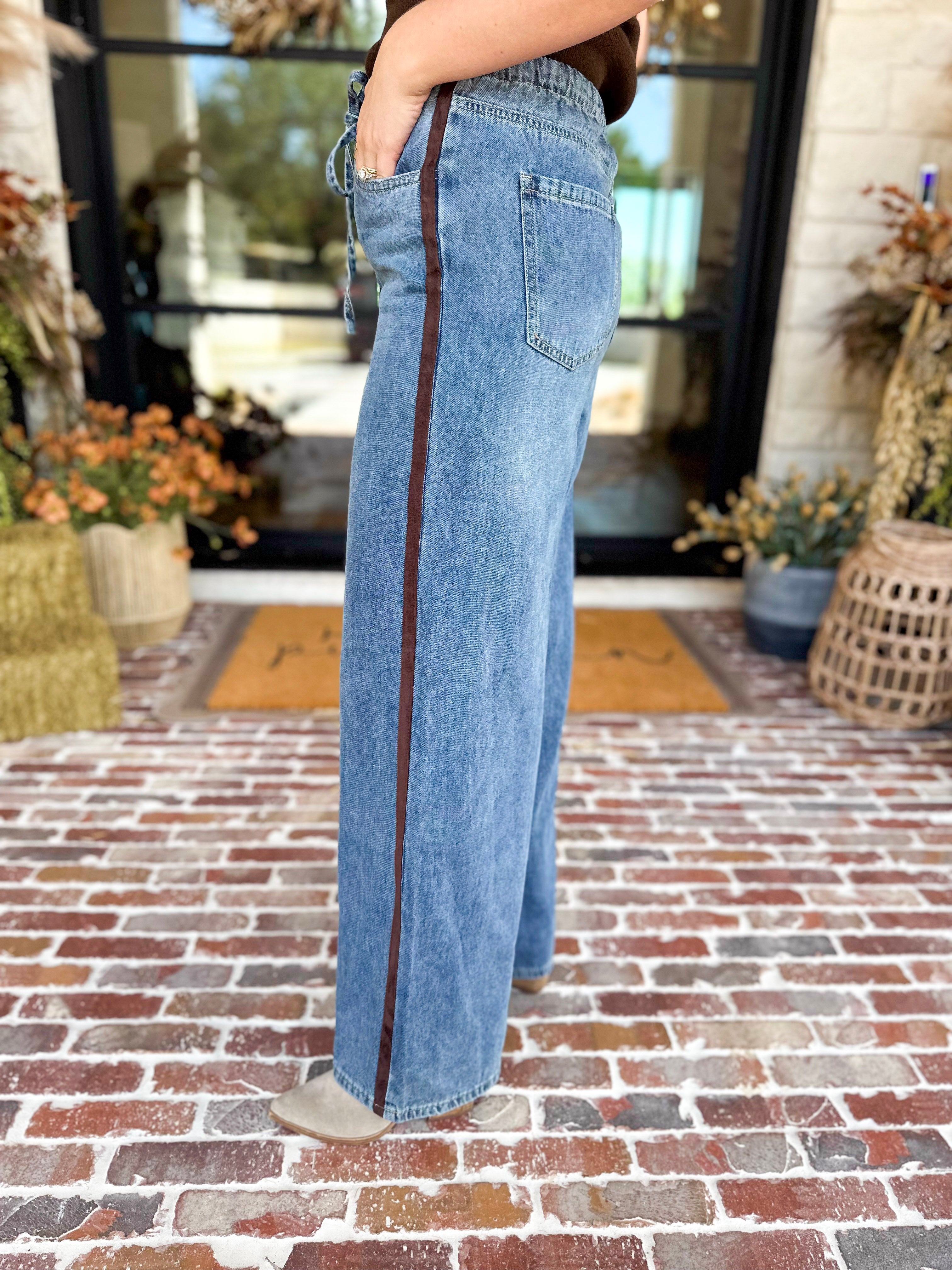 Denim & Suede Trim Drawstring Pants-400 Pants-SKIES ARE BLUE-July & June Women's Fashion Boutique Located in San Antonio, Texas