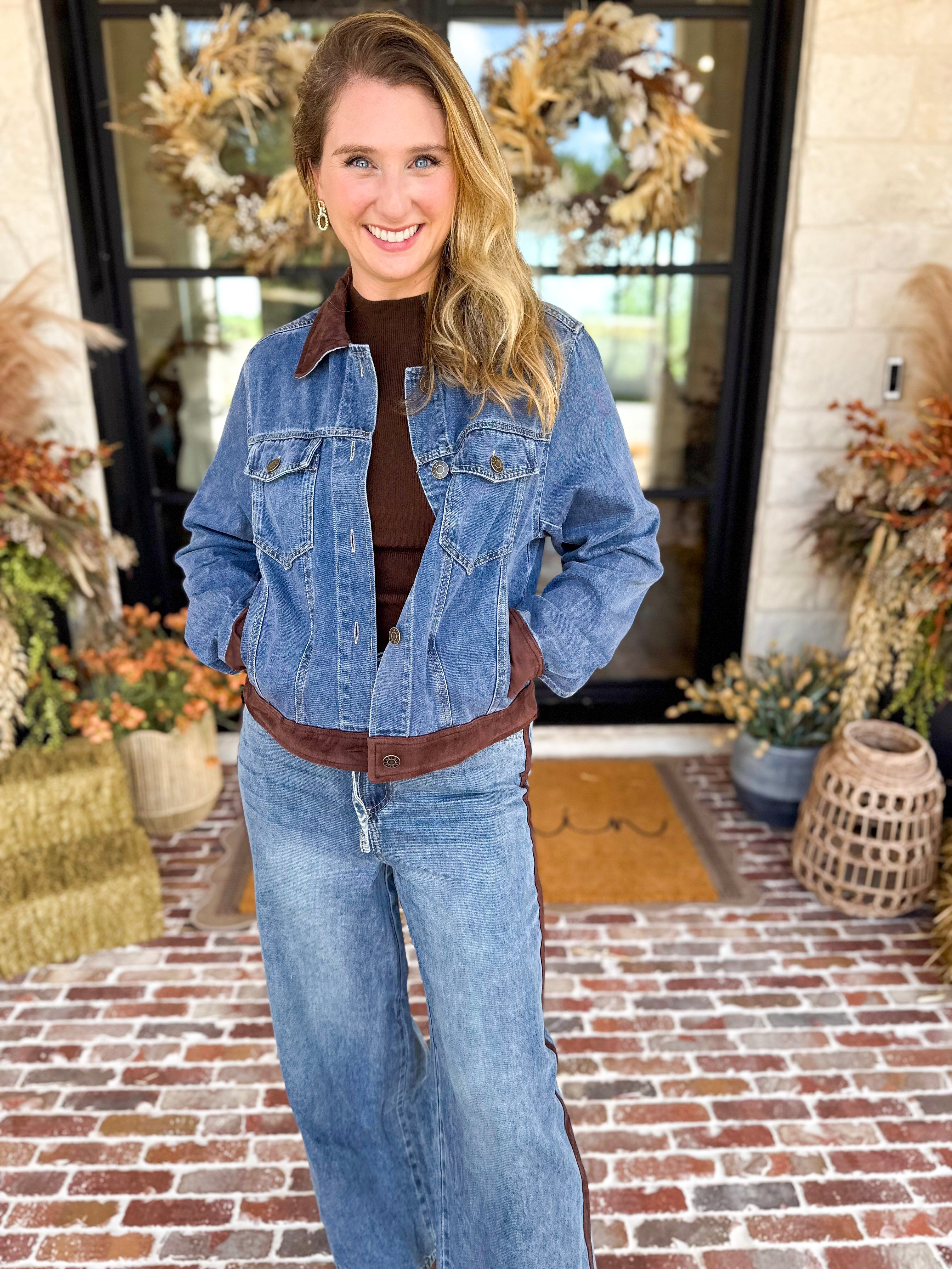 Suede Trim Denim Jacket-600 Outerwear-SKIES ARE BLUE-July & June Women's Fashion Boutique Located in San Antonio, Texas