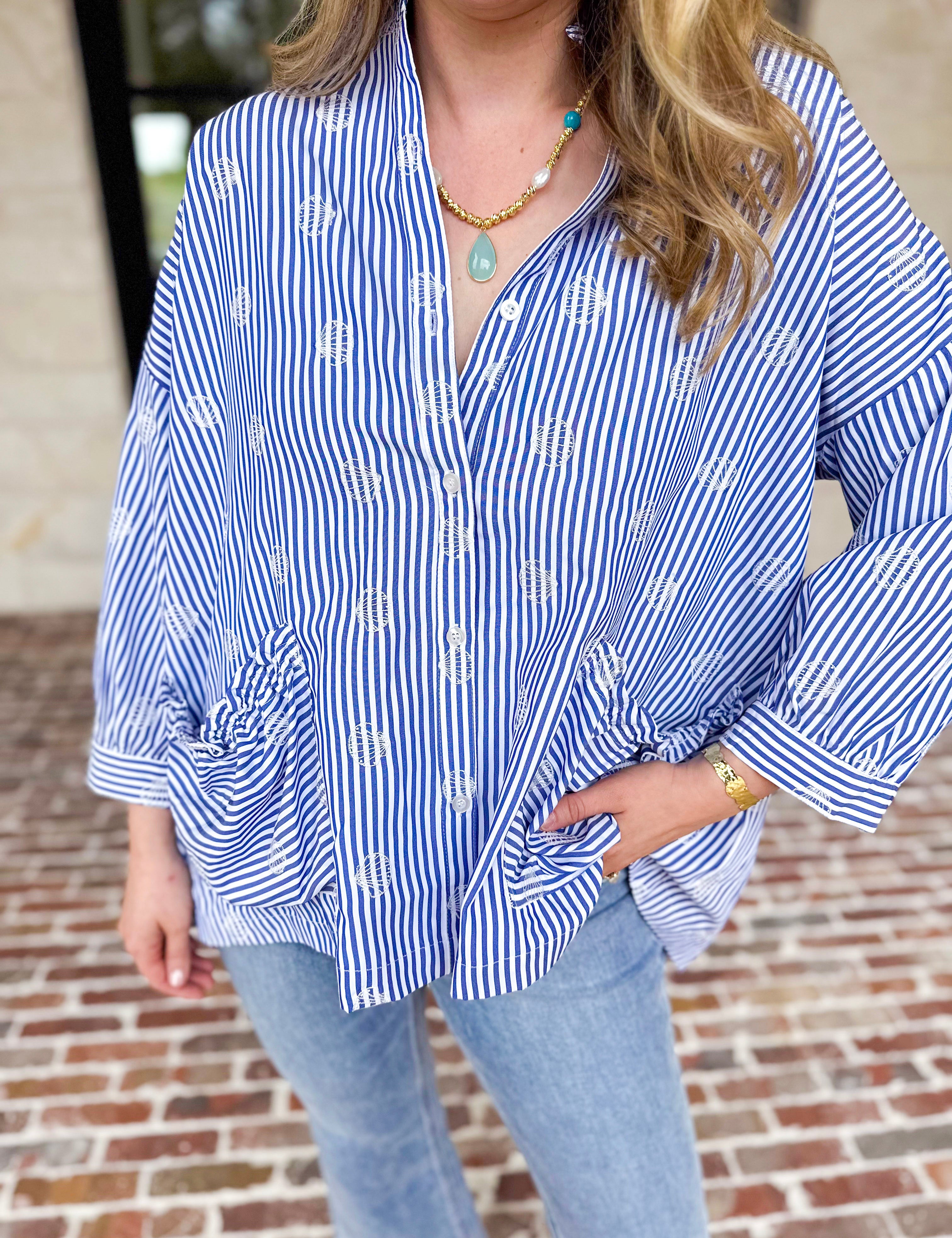 Seashell Flow Button Down Blouse-200 Fashion Blouses-FATE-July & June Women's Fashion Boutique Located in San Antonio, Texas