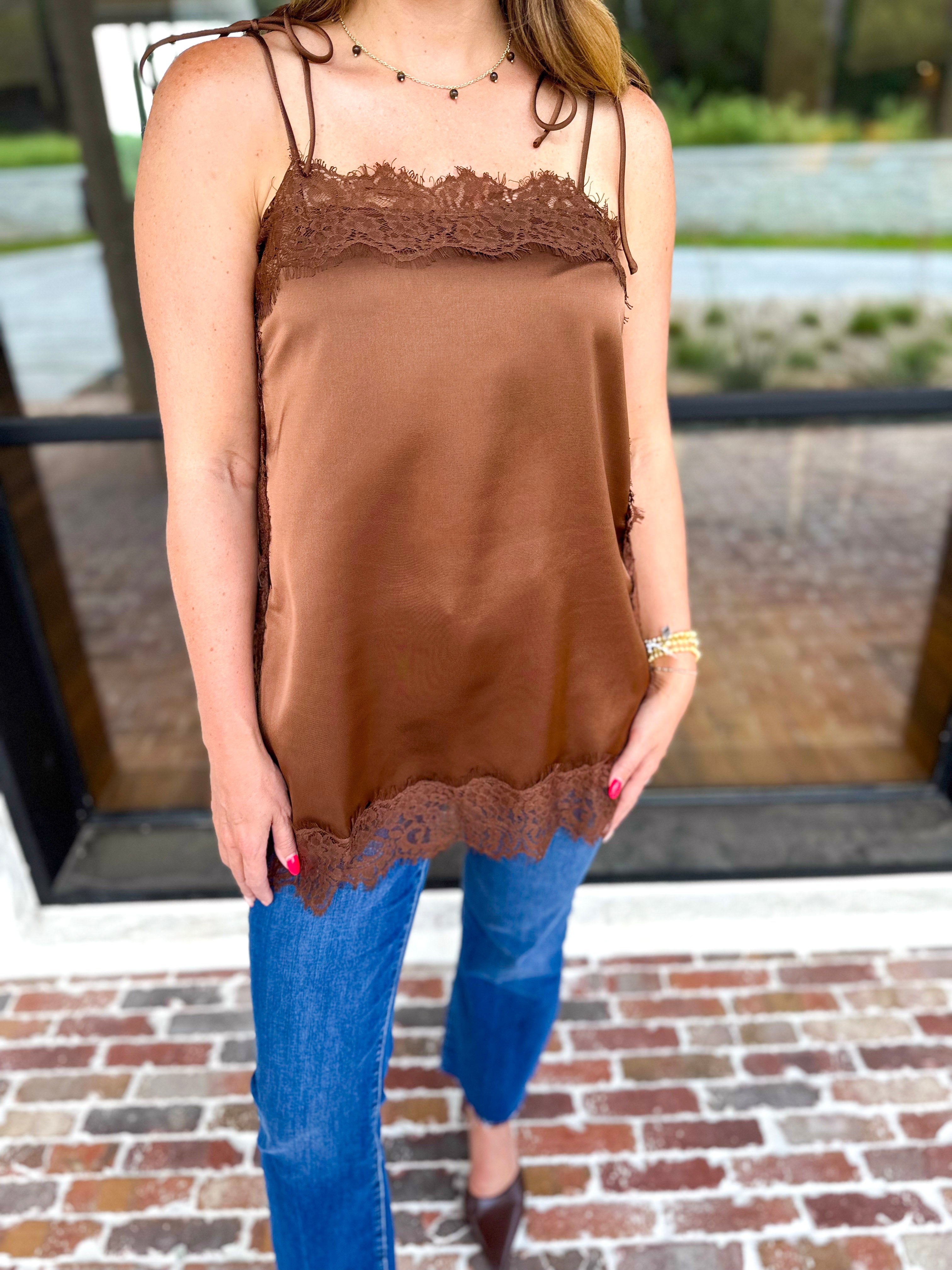 Date Night Lace Cami - Brown-200 Fashion Blouses-ENTRO-July & June Women's Fashion Boutique Located in San Antonio, Texas