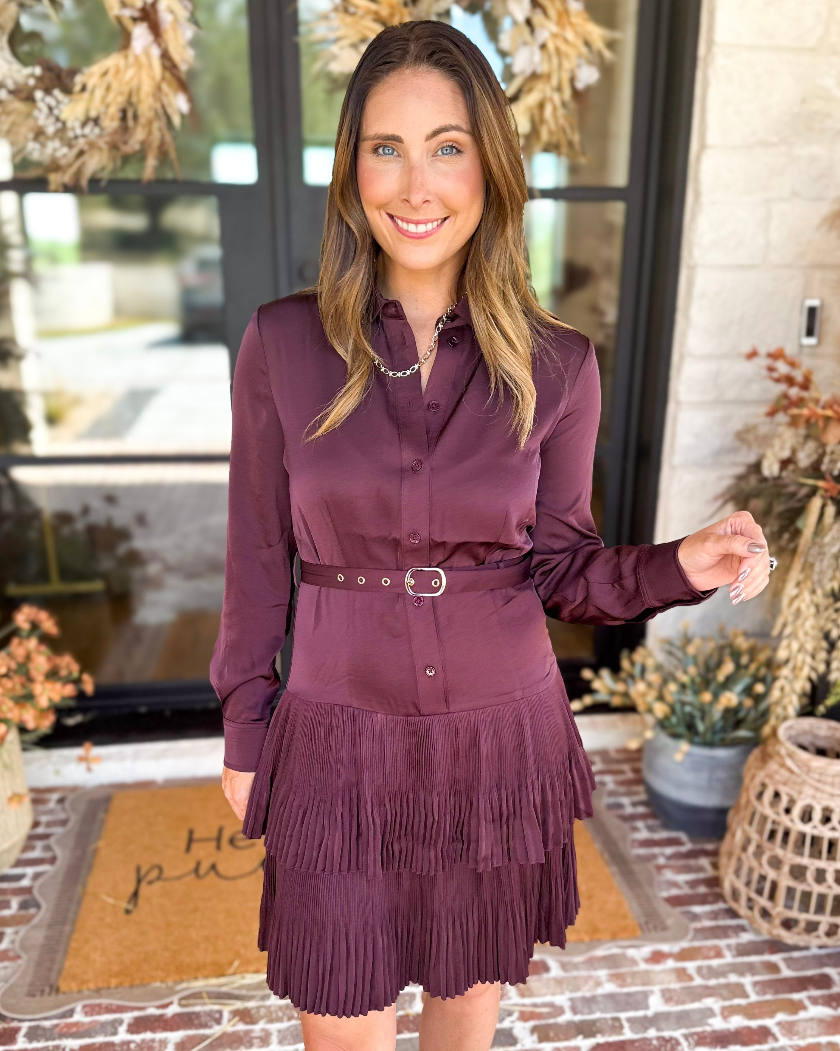Current Air - Bordeaux Pleated Satin Mini Dress-510 Mini-CURRENT AIR CLOTHING-July & June Women's Fashion Boutique Located in San Antonio, Texas