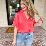 LIVERPOOL - Short Sleeve Satin Top - Sunset Coral-200 Fashion Blouses-LIVERPOOL JEANS COMPANY-July & June Women's Fashion Boutique Located in San Antonio, Texas