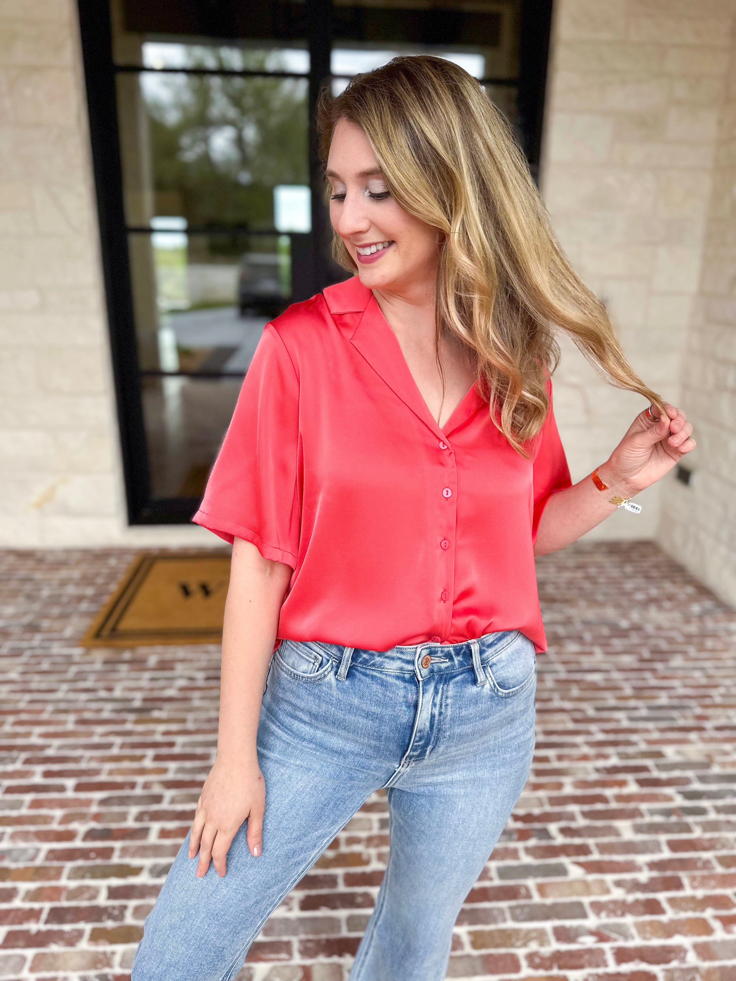 LIVERPOOL - Short Sleeve Satin Top - Sunset Coral-200 Fashion Blouses-LIVERPOOL JEANS COMPANY-July & June Women's Fashion Boutique Located in San Antonio, Texas