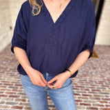 Braided Blouse - Navy-200 Fashion Blouses-ENTRO-July & June Women's Fashion Boutique Located in San Antonio, Texas