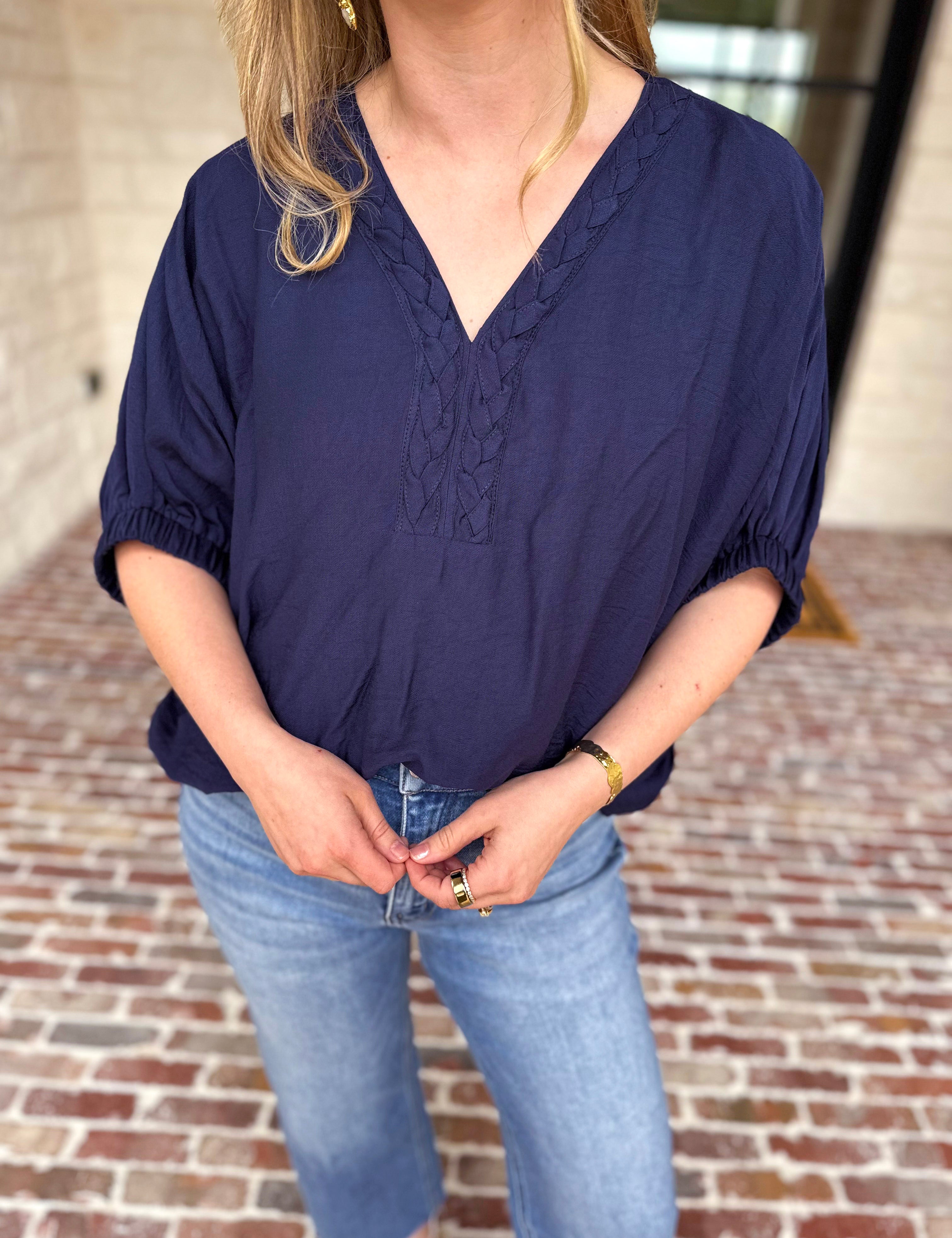Braided Blouse - Navy-200 Fashion Blouses-ENTRO-July & June Women's Fashion Boutique Located in San Antonio, Texas