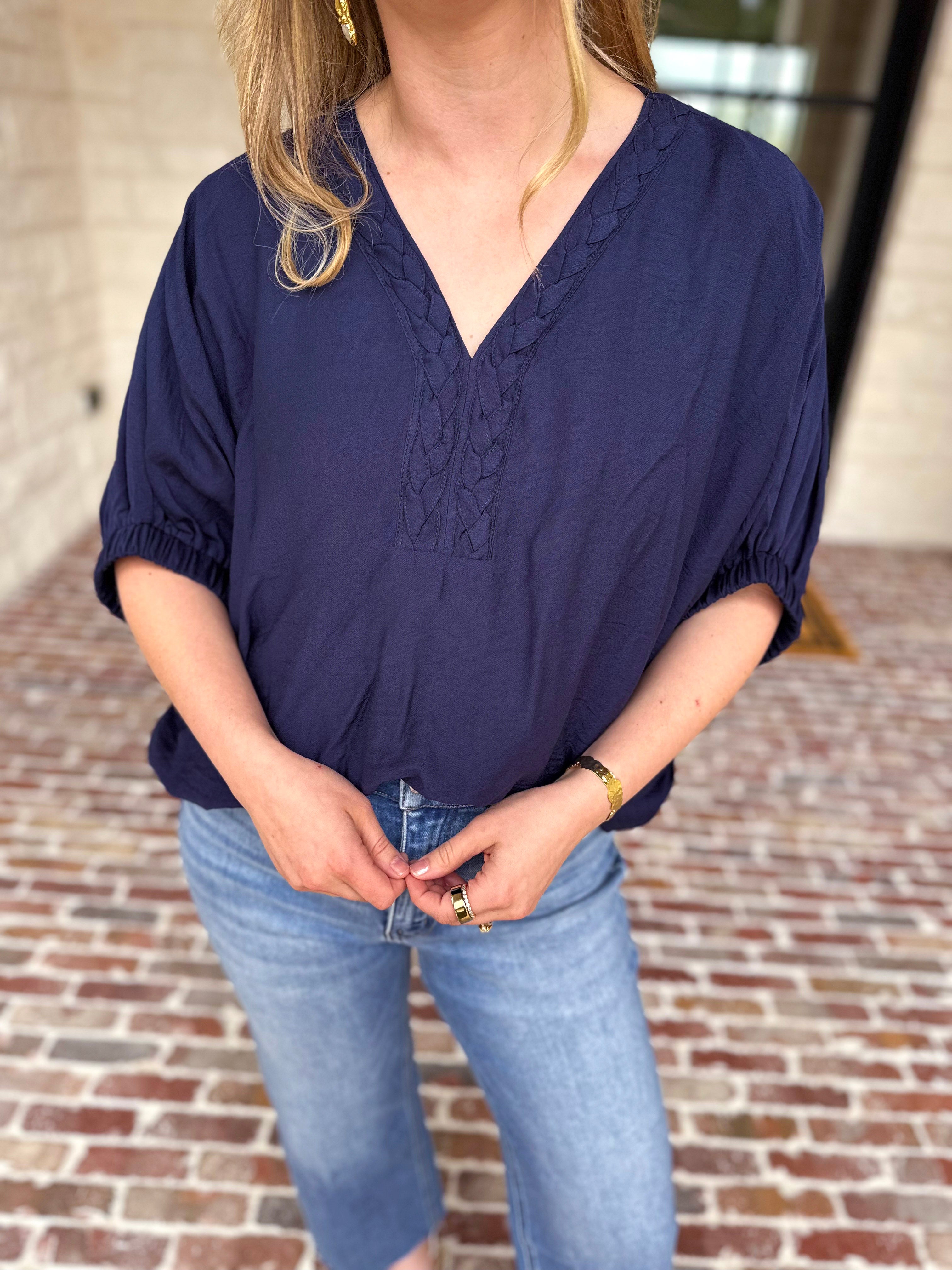 Braided Blouse - Navy-200 Fashion Blouses-ENTRO-July & June Women's Fashion Boutique Located in San Antonio, Texas