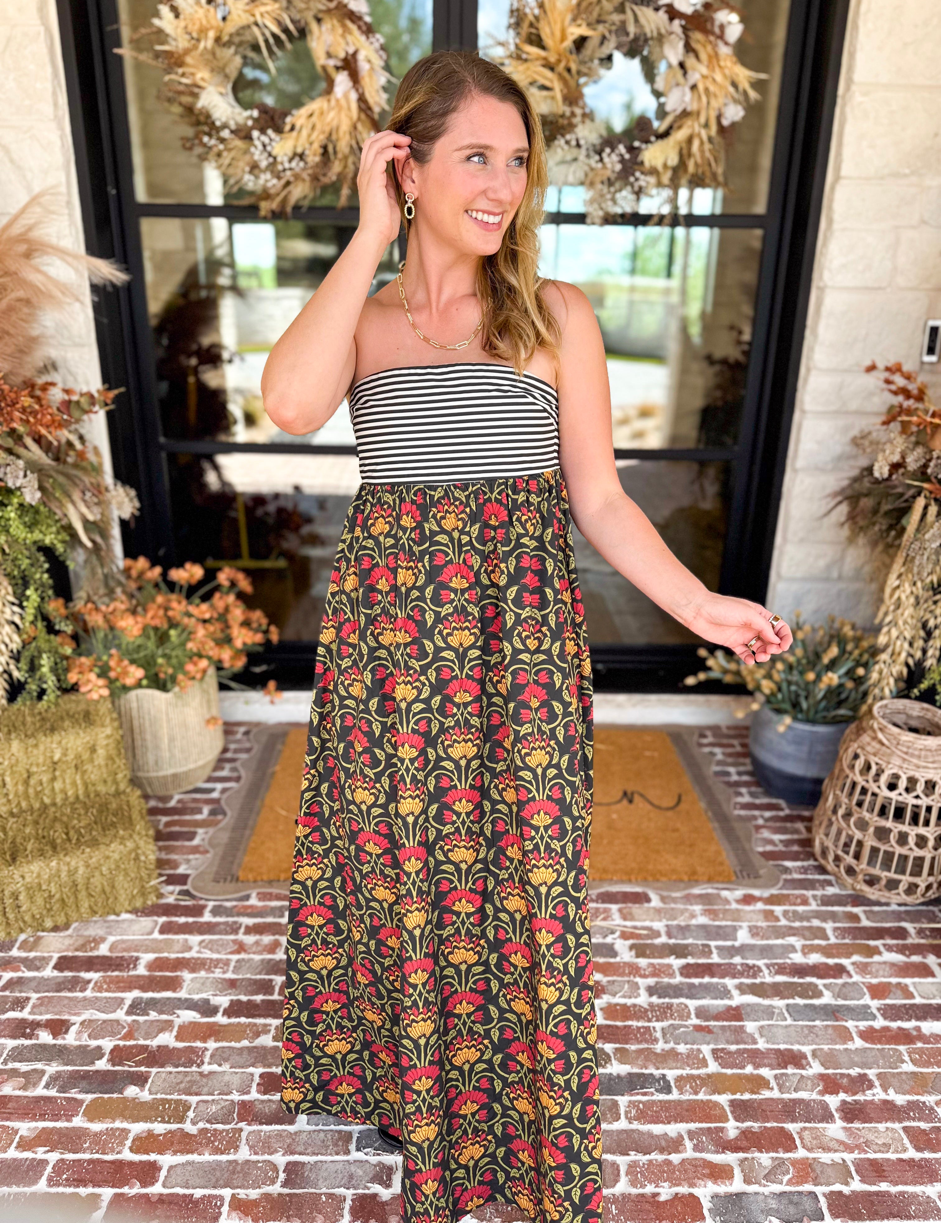 Floral & Stripes Strapless Maxi Dress-500 Midi-TCEC-July & June Women's Fashion Boutique Located in San Antonio, Texas