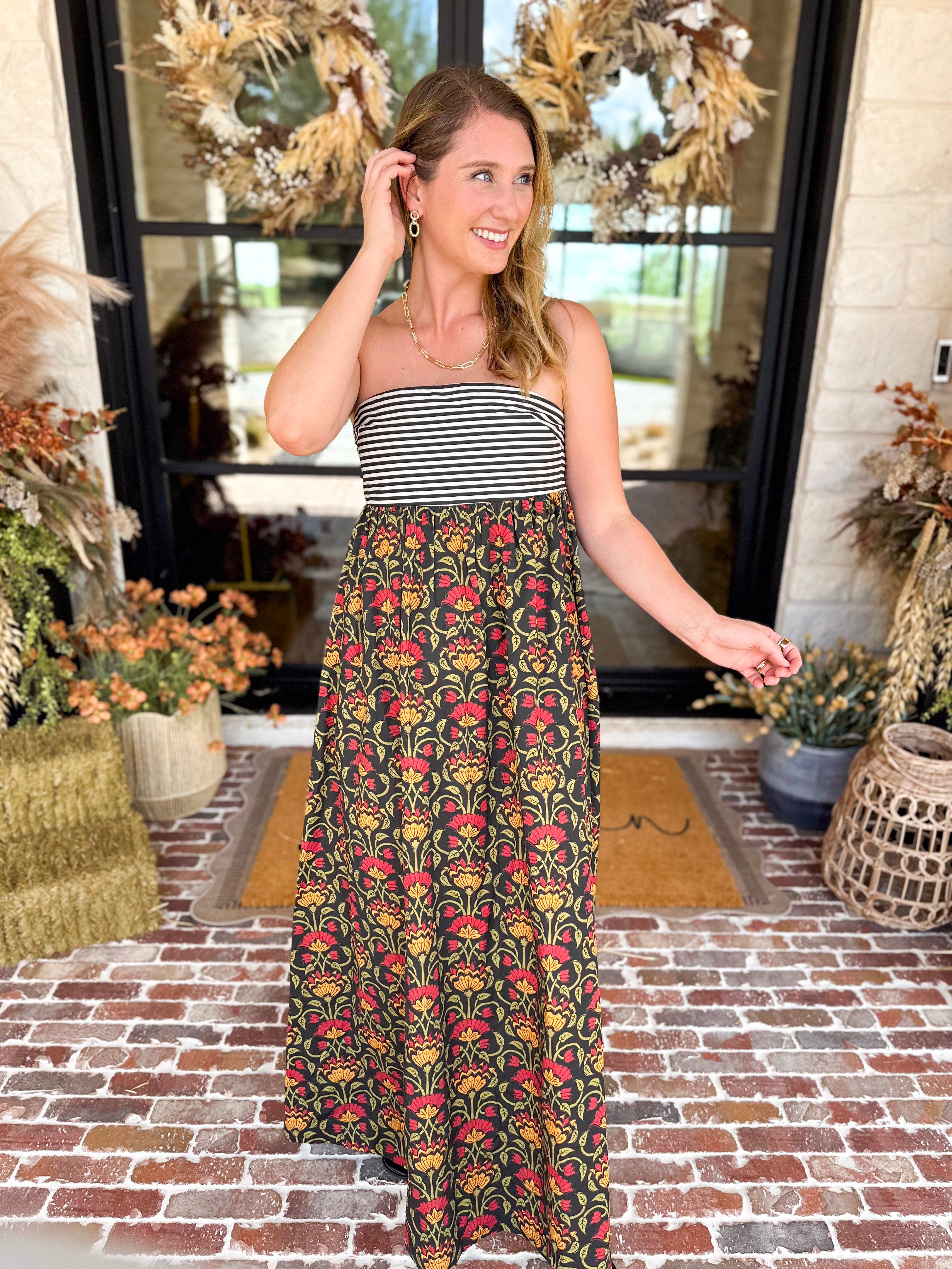 Floral & Stripes Strapless Maxi Dress-500 Midi-TCEC-July & June Women's Fashion Boutique Located in San Antonio, Texas