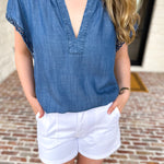 Current Air - Chambray Details Blouse-200 Fashion Blouses-CURRENT AIR CLOTHING-July & June Women's Fashion Boutique Located in San Antonio, Texas