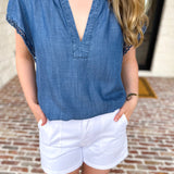 Current Air - Chambray Details Blouse-200 Fashion Blouses-CURRENT AIR CLOTHING-July & June Women's Fashion Boutique Located in San Antonio, Texas