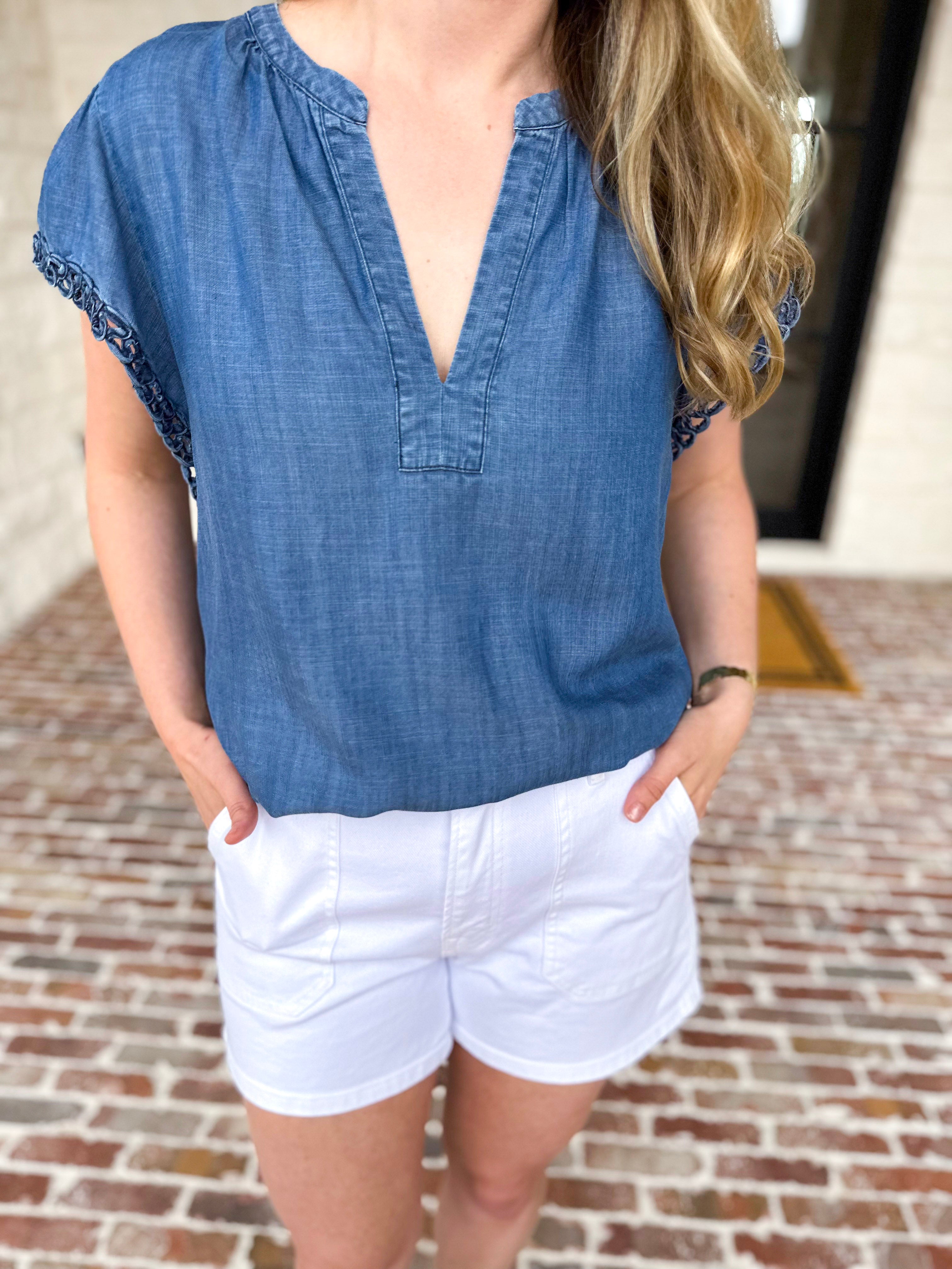 Current Air - Chambray Details Blouse-200 Fashion Blouses-CURRENT AIR CLOTHING-July & June Women's Fashion Boutique Located in San Antonio, Texas