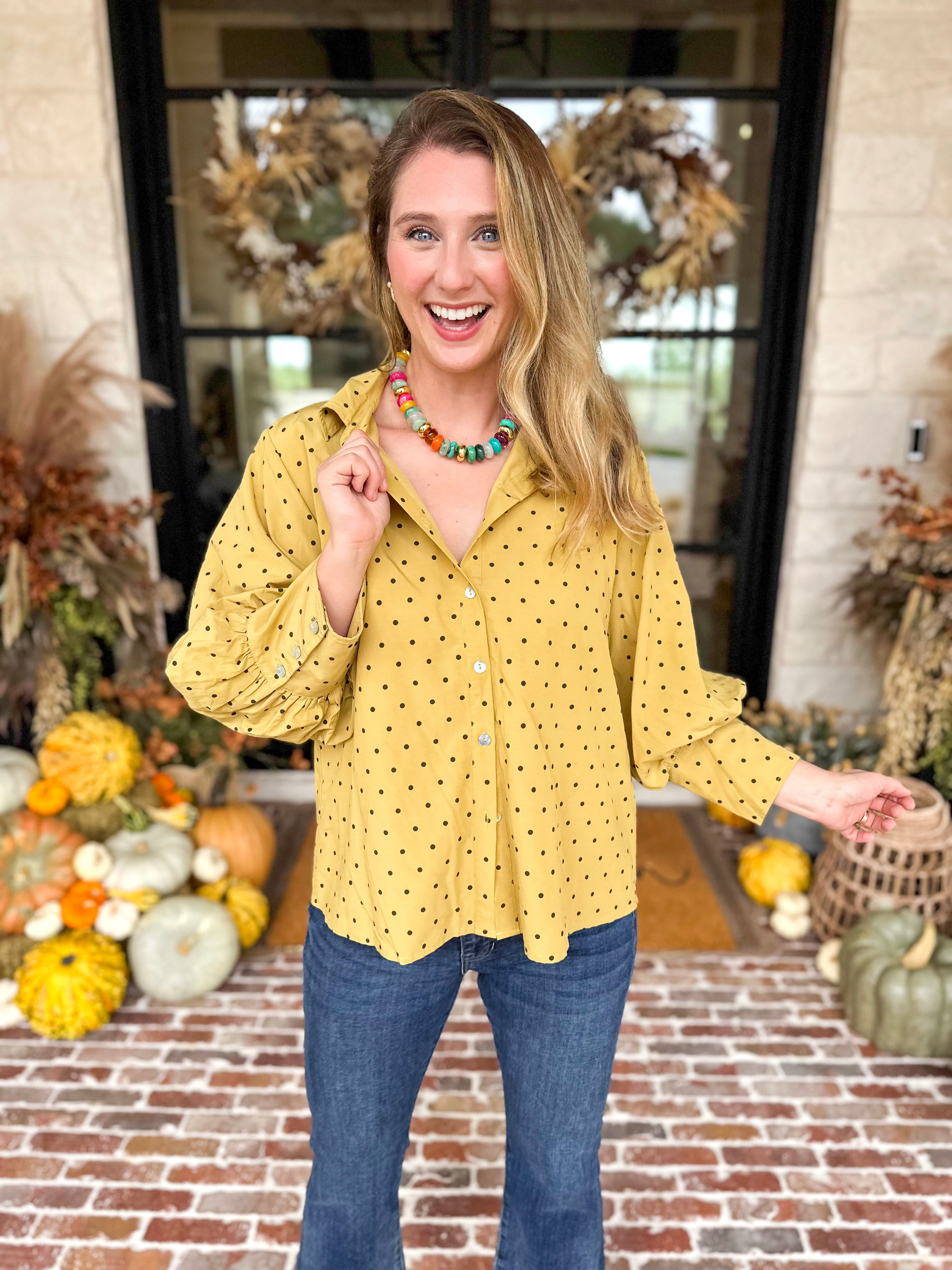 Golden Bubble Sleeve Blouse-200 Fashion Blouses-JODIFL-July & June Women's Fashion Boutique Located in San Antonio, Texas