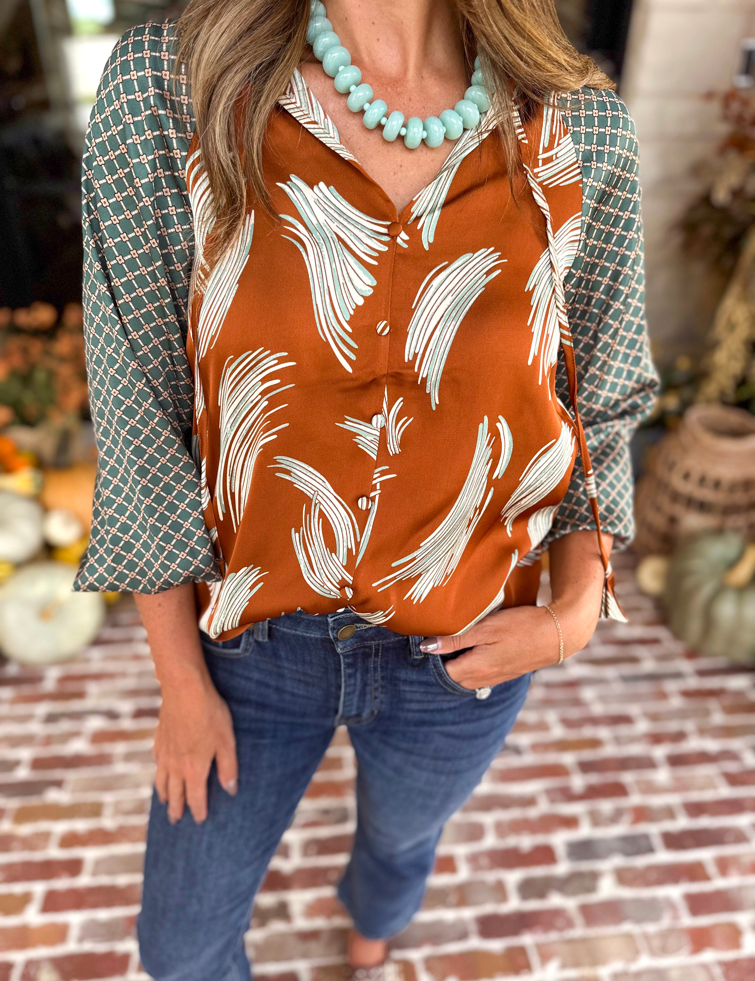 THML - Autumn Pattern Play Blouse-200 Fashion Blouses-THML-July & June Women's Fashion Boutique Located in San Antonio, Texas