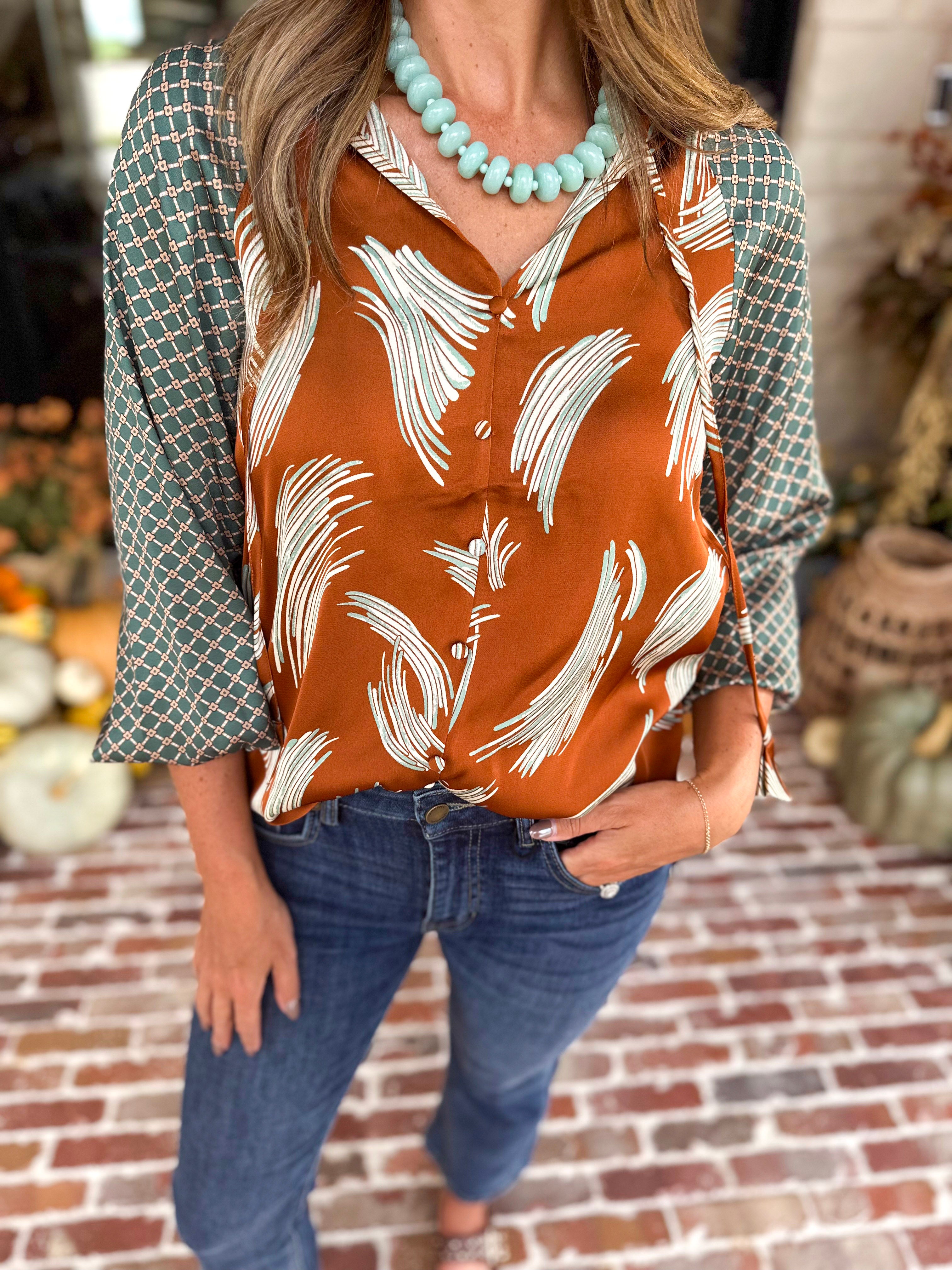 THML - Autumn Pattern Play Blouse-200 Fashion Blouses-THML-July & June Women's Fashion Boutique Located in San Antonio, Texas