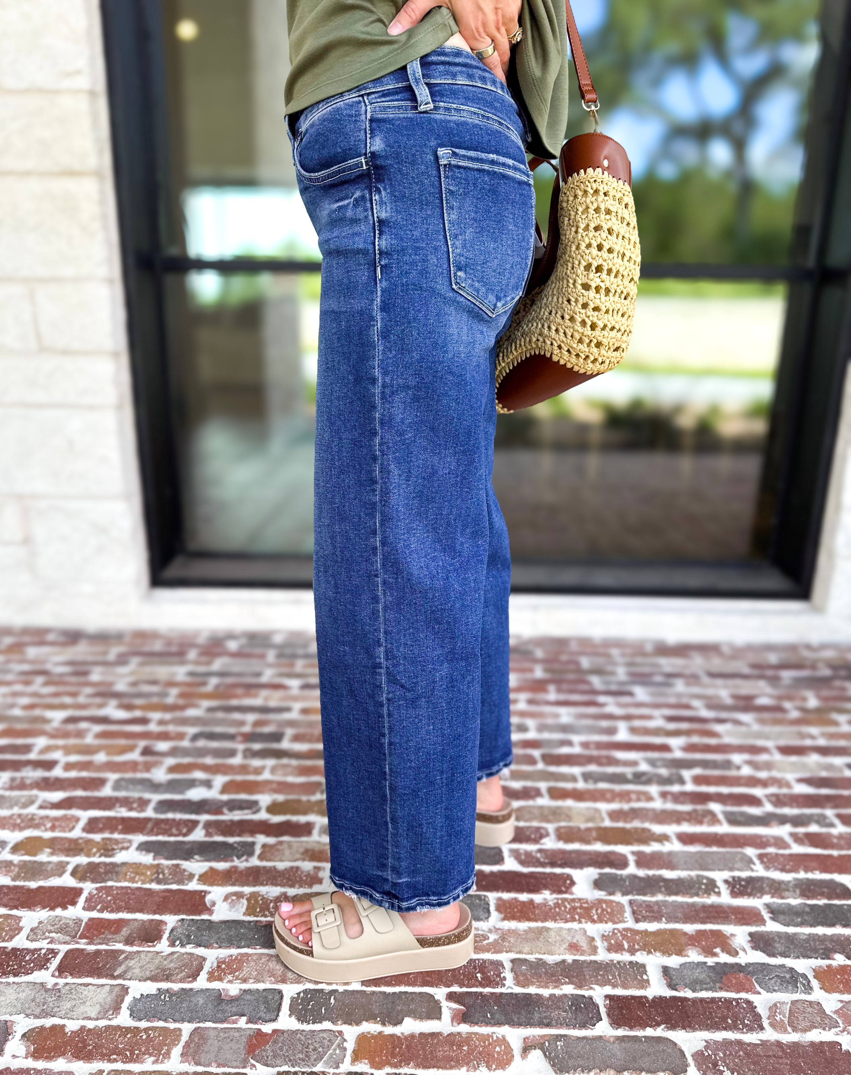 Vervet - Mid Rise Dark Wash Ankle Wide Leg Jeans-420 Denim-VEVERT BY FLYING MONKEY-July & June Women's Fashion Boutique Located in San Antonio, Texas