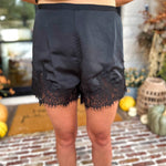 Satin Date Night Black Lace Shorts-410 Shorts/Skirts-TCEC-July & June Women's Fashion Boutique Located in San Antonio, Texas